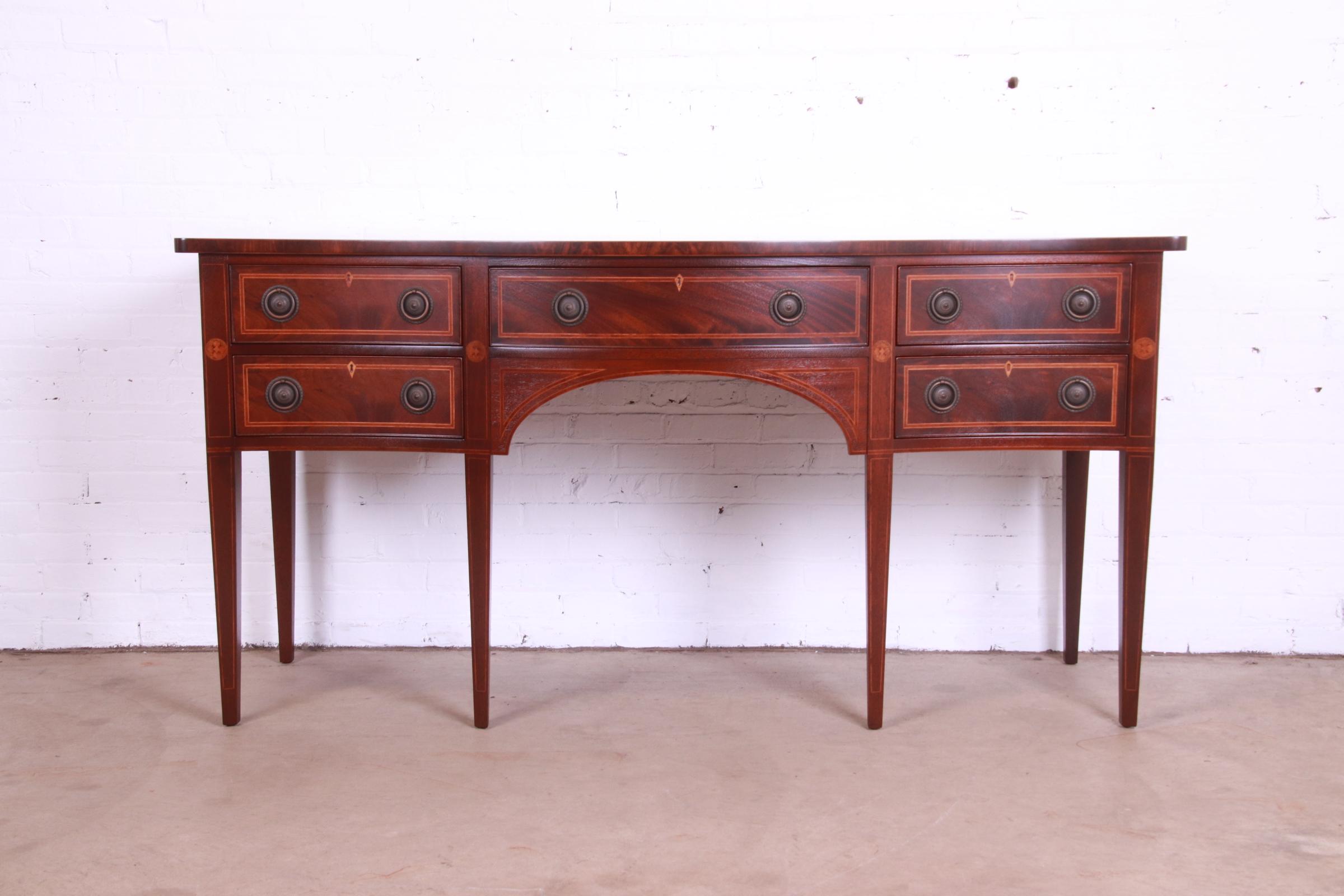 Baker Furniture Hepplewhite Flame Mahogany and Inlaid Satinwood Sideboard, Newly Refinished