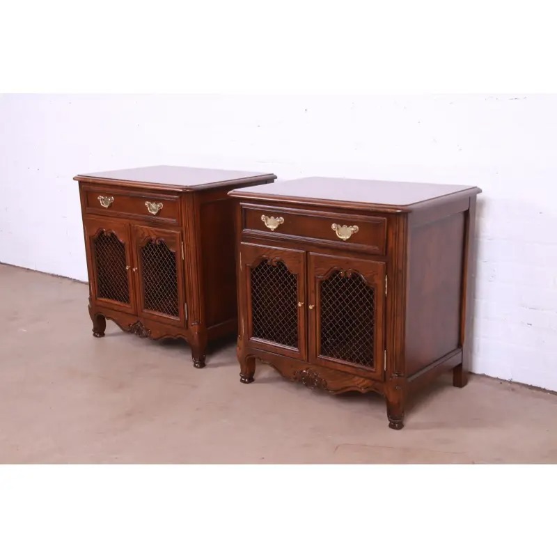 Baker Furniture French Provincial Louis XV Oak and Burl Wood Nightstands, Newly Refinished
