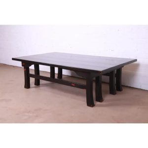 Baker Furniture Hollywood Regency Chinoiserie Monumental Black Lacquered Coffee Table