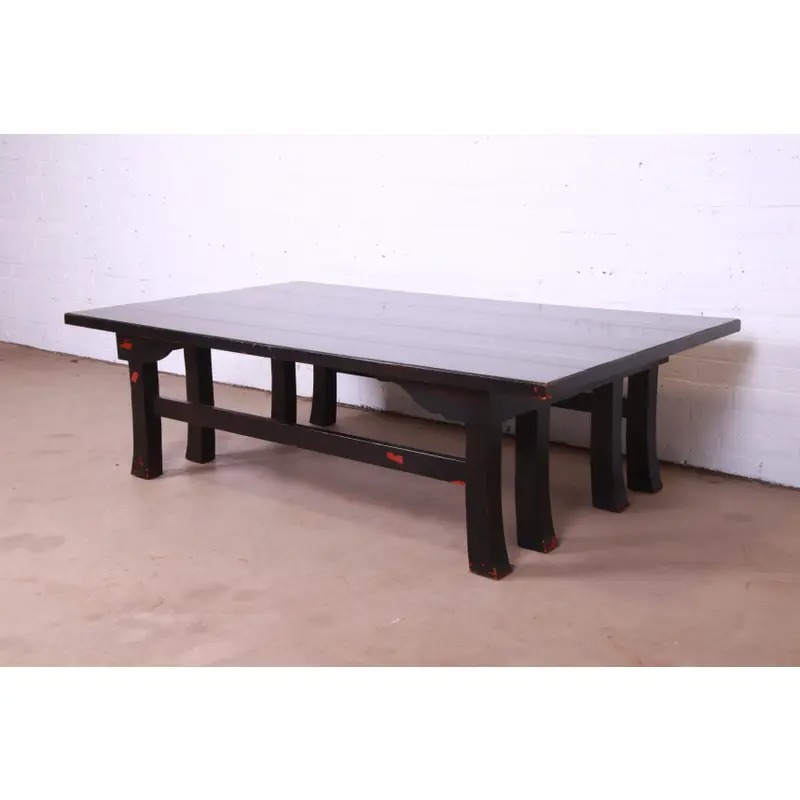Baker Furniture Hollywood Regency Chinoiserie Monumental Black Lacquered Coffee Table