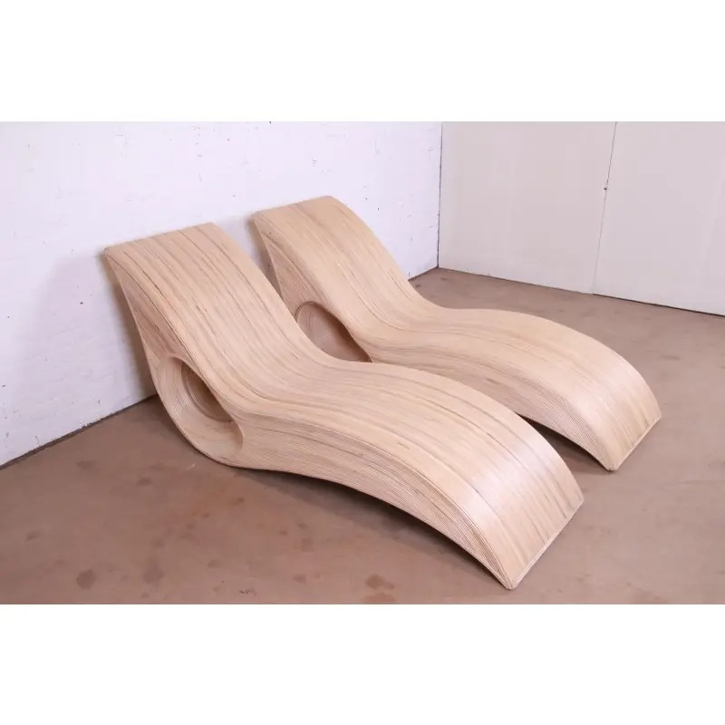 Betty Cobonpue Sculptural Split Reed Rattan Chaise Lounges, Pair