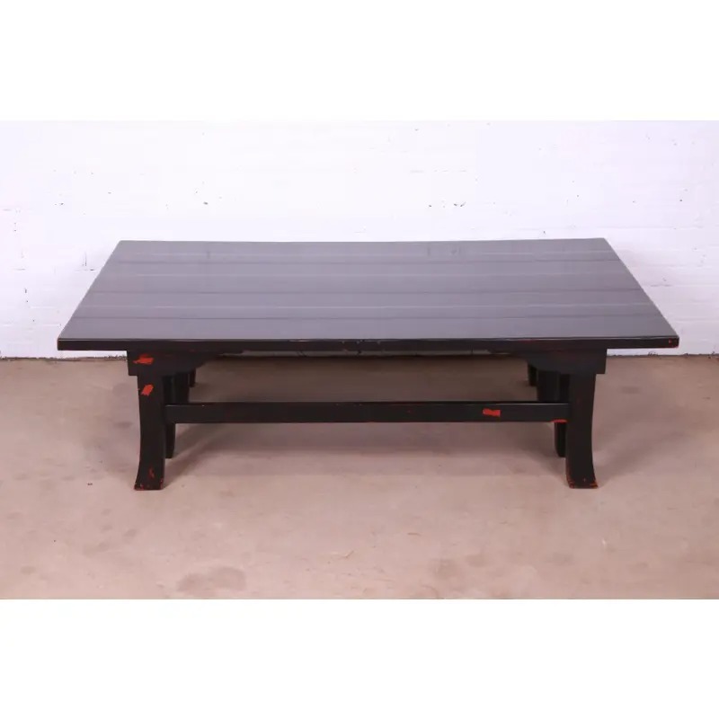Baker Furniture Hollywood Regency Chinoiserie Monumental Black Lacquered Coffee Table - Image 2