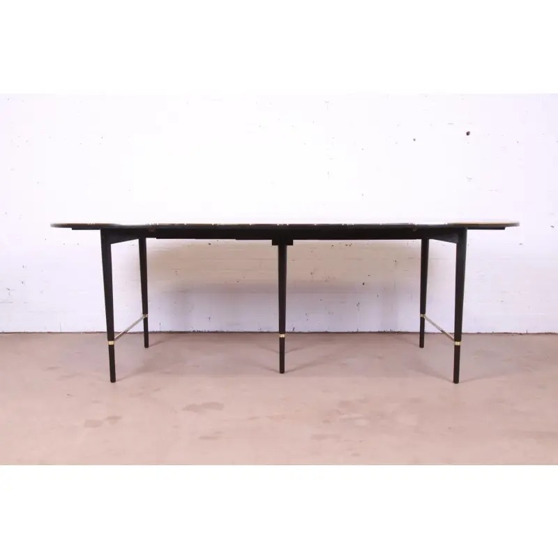 Paul McCobb Connoisseur Collection Black Lacquered Mahogany and Brass Extension Dining Table, Newly Refinished - Image 3