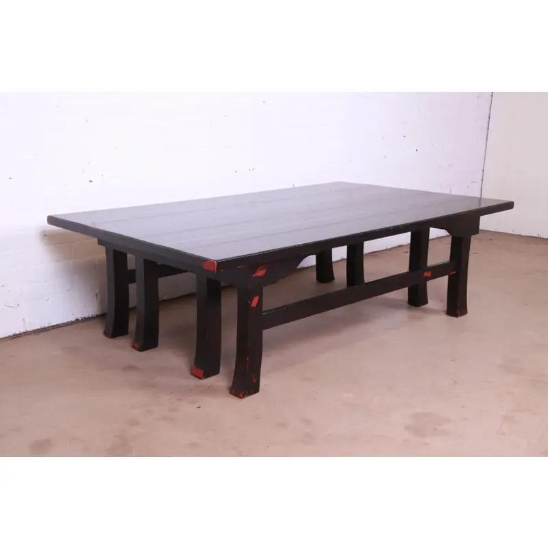 Baker Furniture Hollywood Regency Chinoiserie Monumental Black Lacquered Coffee Table - Image 4