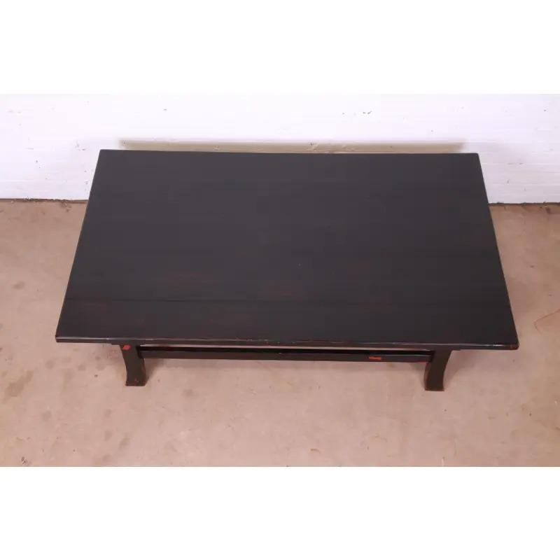 Baker Furniture Hollywood Regency Chinoiserie Monumental Black Lacquered Coffee Table - Image 8