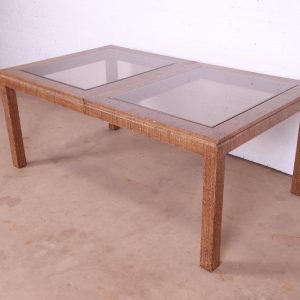 Karl Springer Attributed Mid-Century Modern Lacquered Grasscloth Extension Dining Table, 1970s
