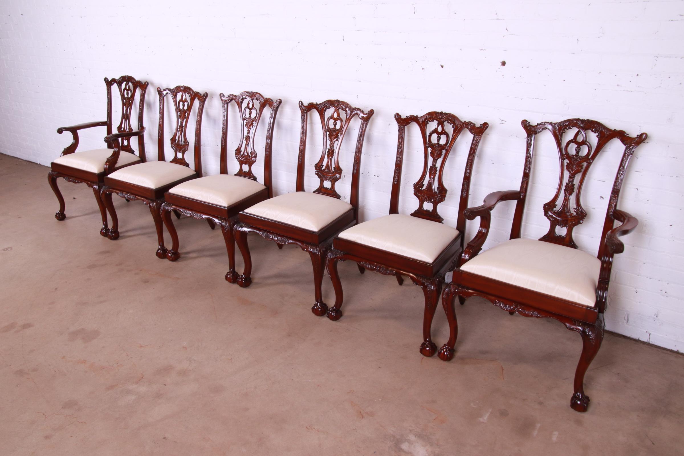 Maitland Smith Chippendale Carved Mahogany Dining Chairs, Set of Six