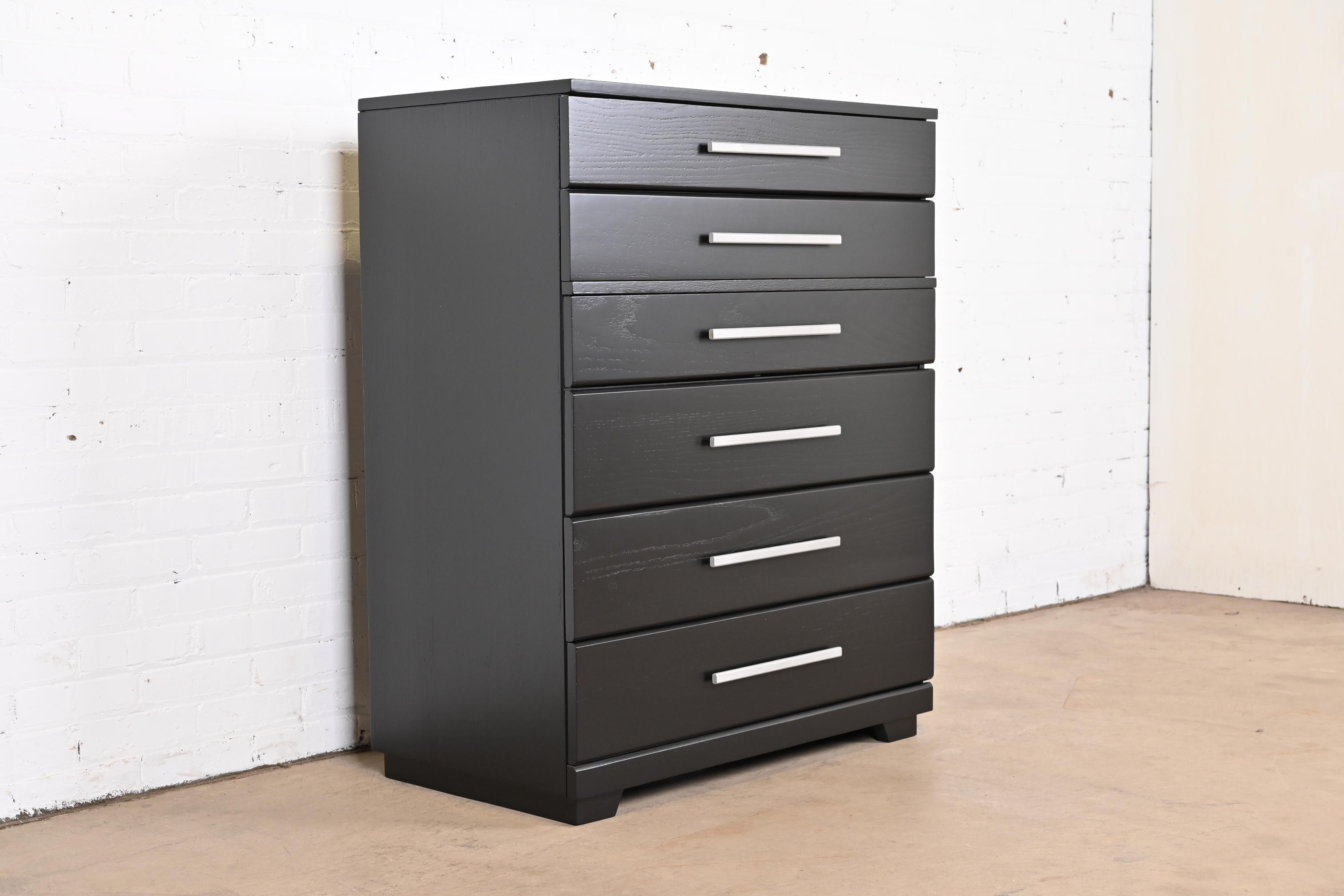 1950s Raymond Loewy for Mengel Mid-Century Modern Black Lacquered Highboy Dresser, Newly Refinished