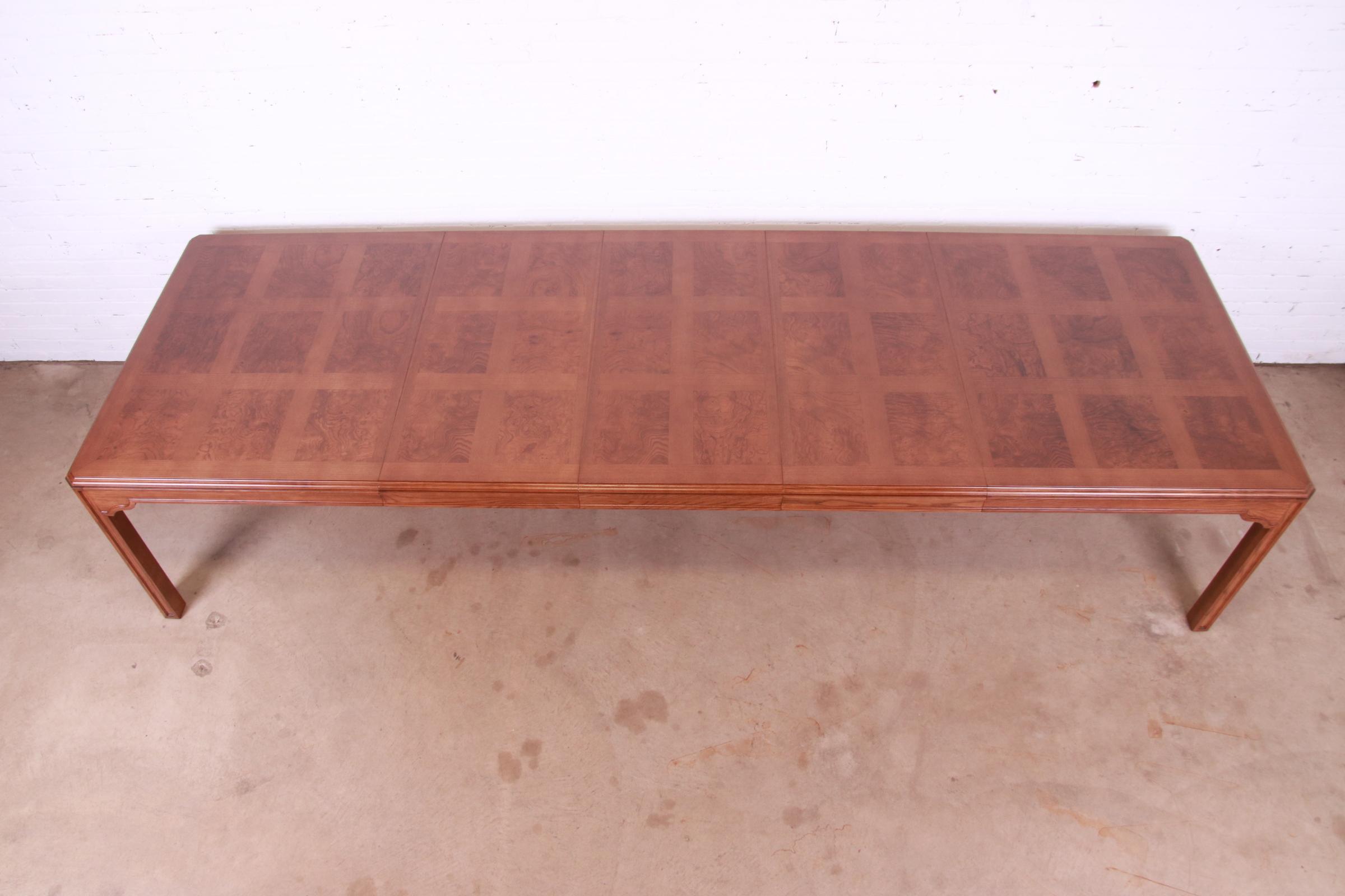 Drexel Heritage Mid-Century Modern Oak and Burl Wood Extension Dining Table, Newly Refinished - Image 7