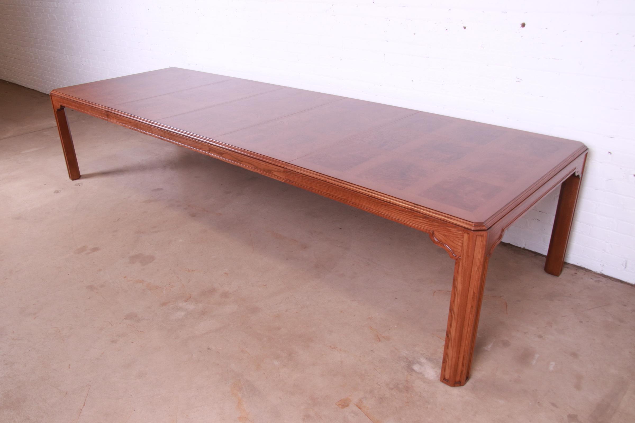 Drexel Heritage Mid-Century Modern Oak and Burl Wood Extension Dining Table, Newly Refinished - Image 3
