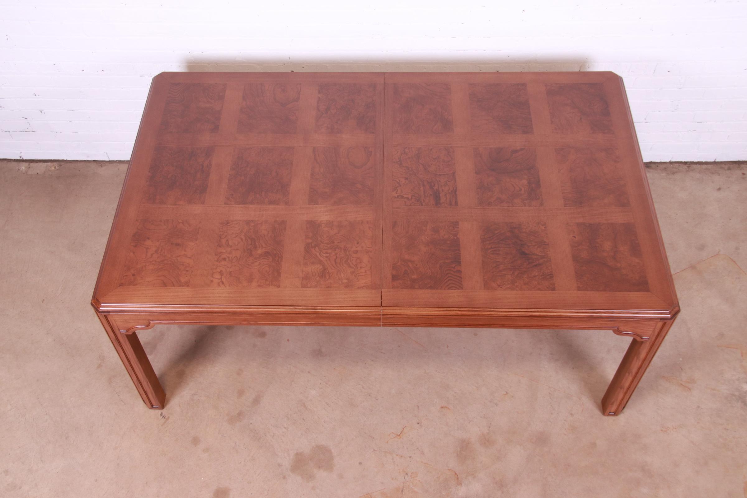 Drexel Heritage Mid-Century Modern Oak and Burl Wood Extension Dining Table, Newly Refinished - Image 11