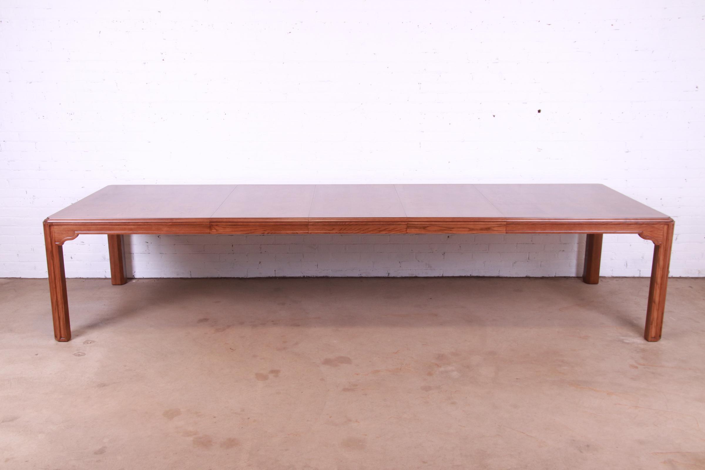 Drexel Heritage Mid-Century Modern Oak and Burl Wood Extension Dining Table, Newly Refinished