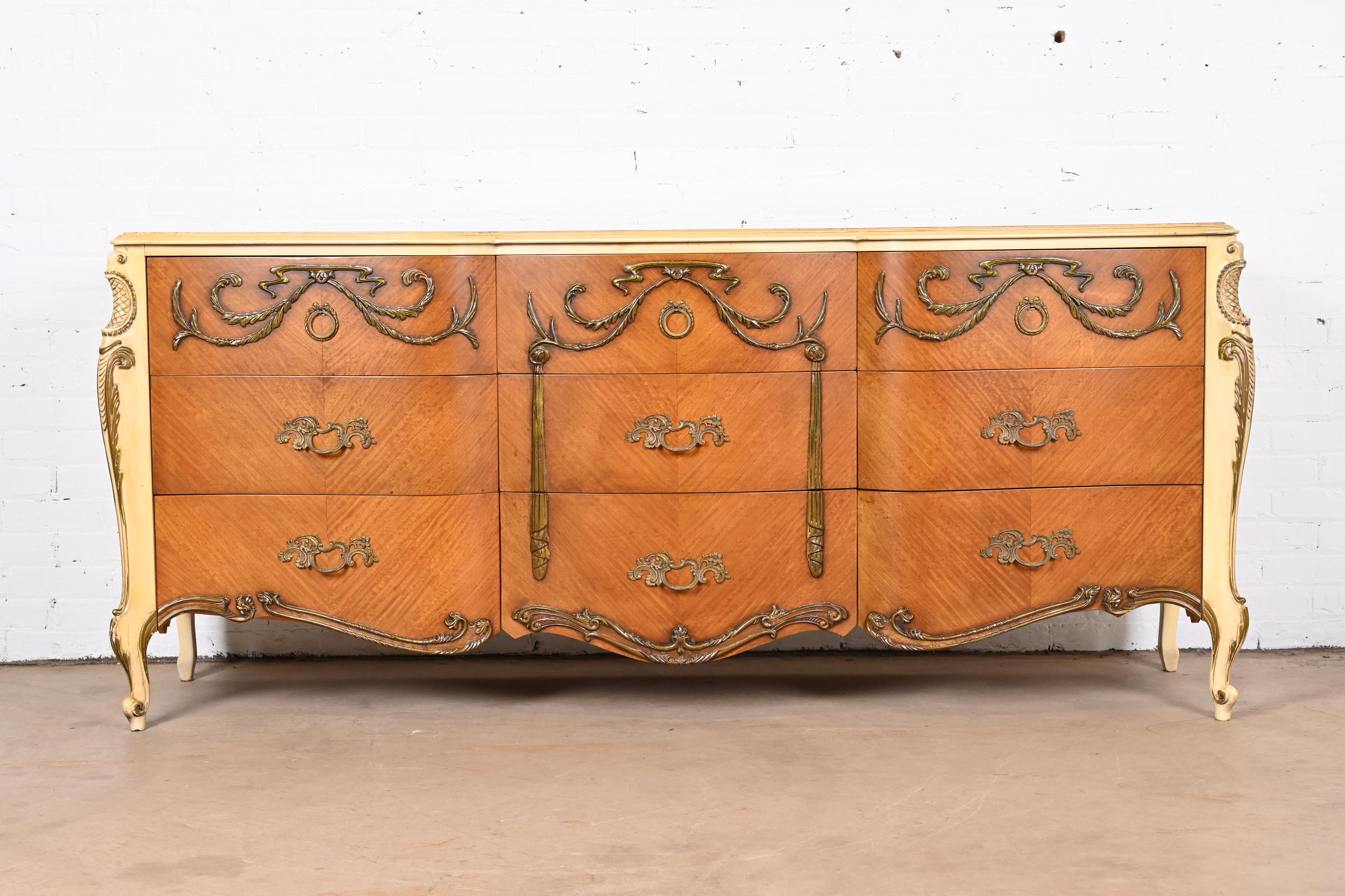 Romweber French Rococo Louis XV Satinwood and Parcel Painted Triple Dresser, Newly Restored