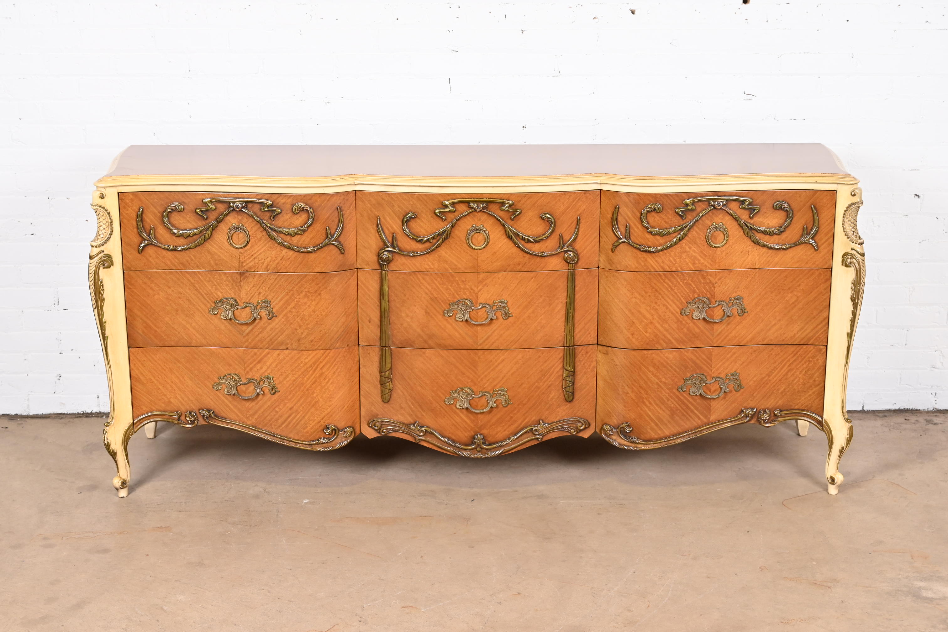 Romweber French Rococo Louis XV Satinwood and Parcel Painted Triple Dresser, Newly Restored - Image 2