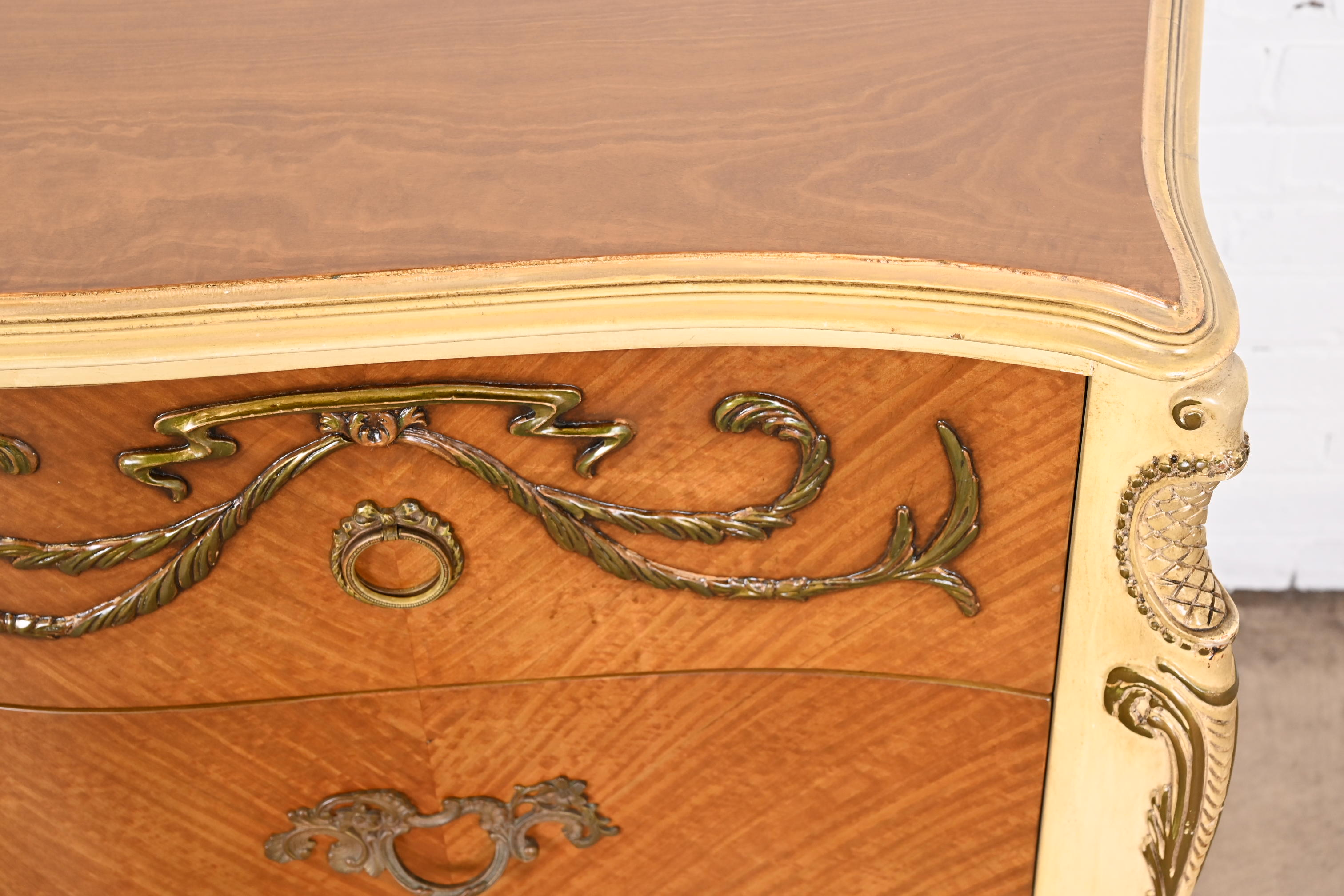 Romweber French Rococo Louis XV Satinwood and Parcel Painted Triple Dresser, Newly Restored - Image 9
