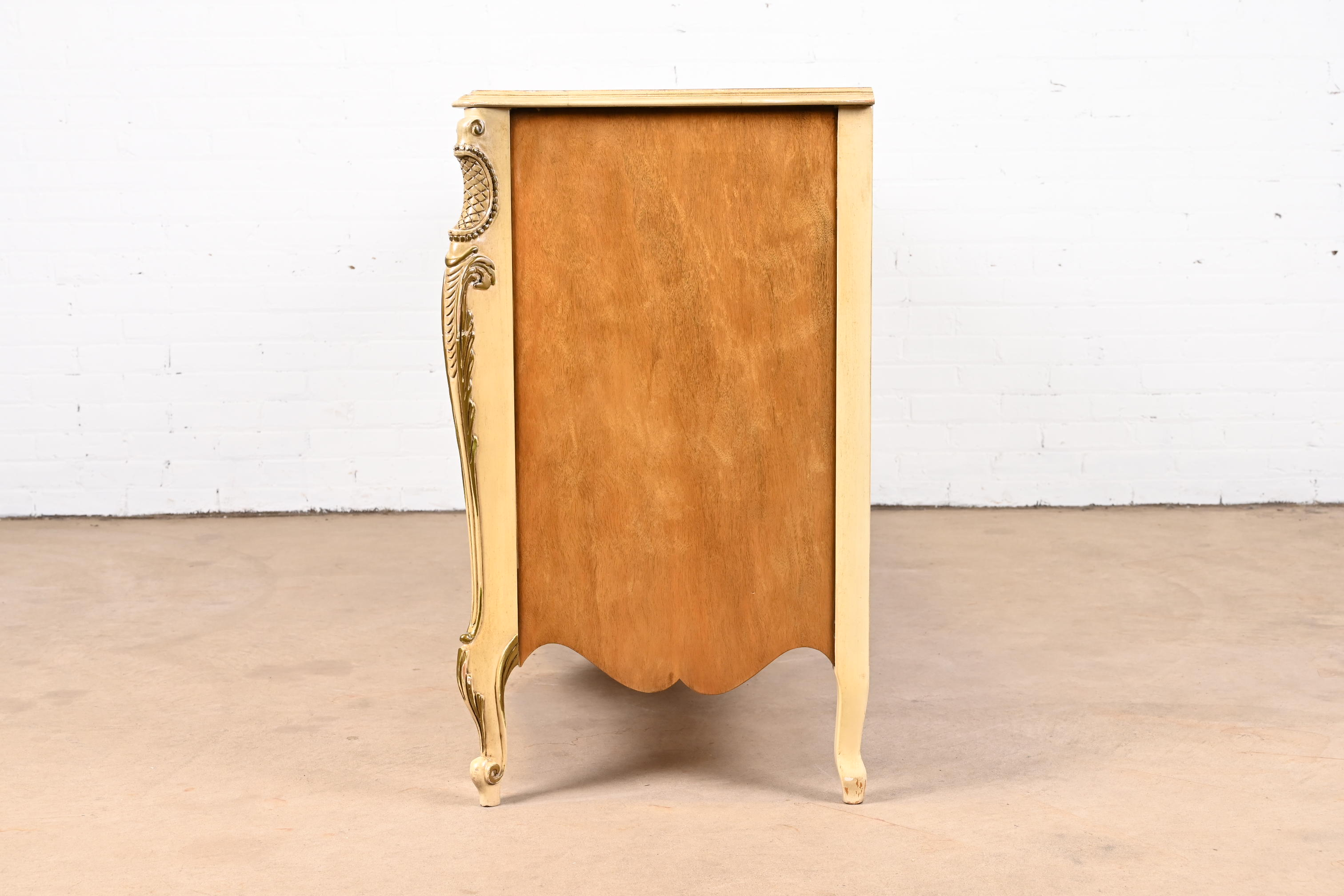 Romweber French Rococo Louis XV Satinwood and Parcel Painted Triple Dresser, Newly Restored - Image 11
