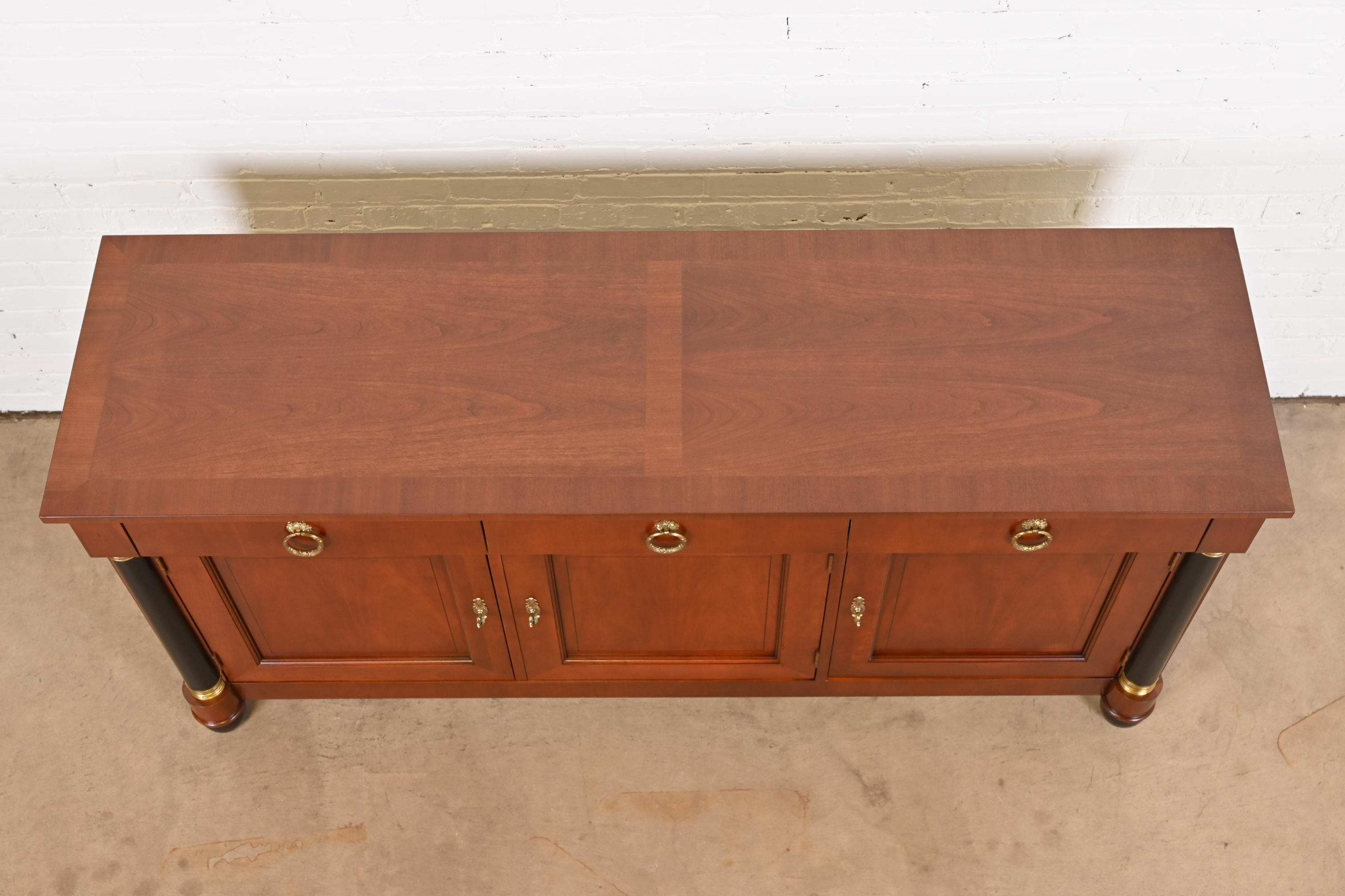 1980s Baker Furniture Neoclassical Cherry Wood and Parcel Ebonized Credenza - Image 11