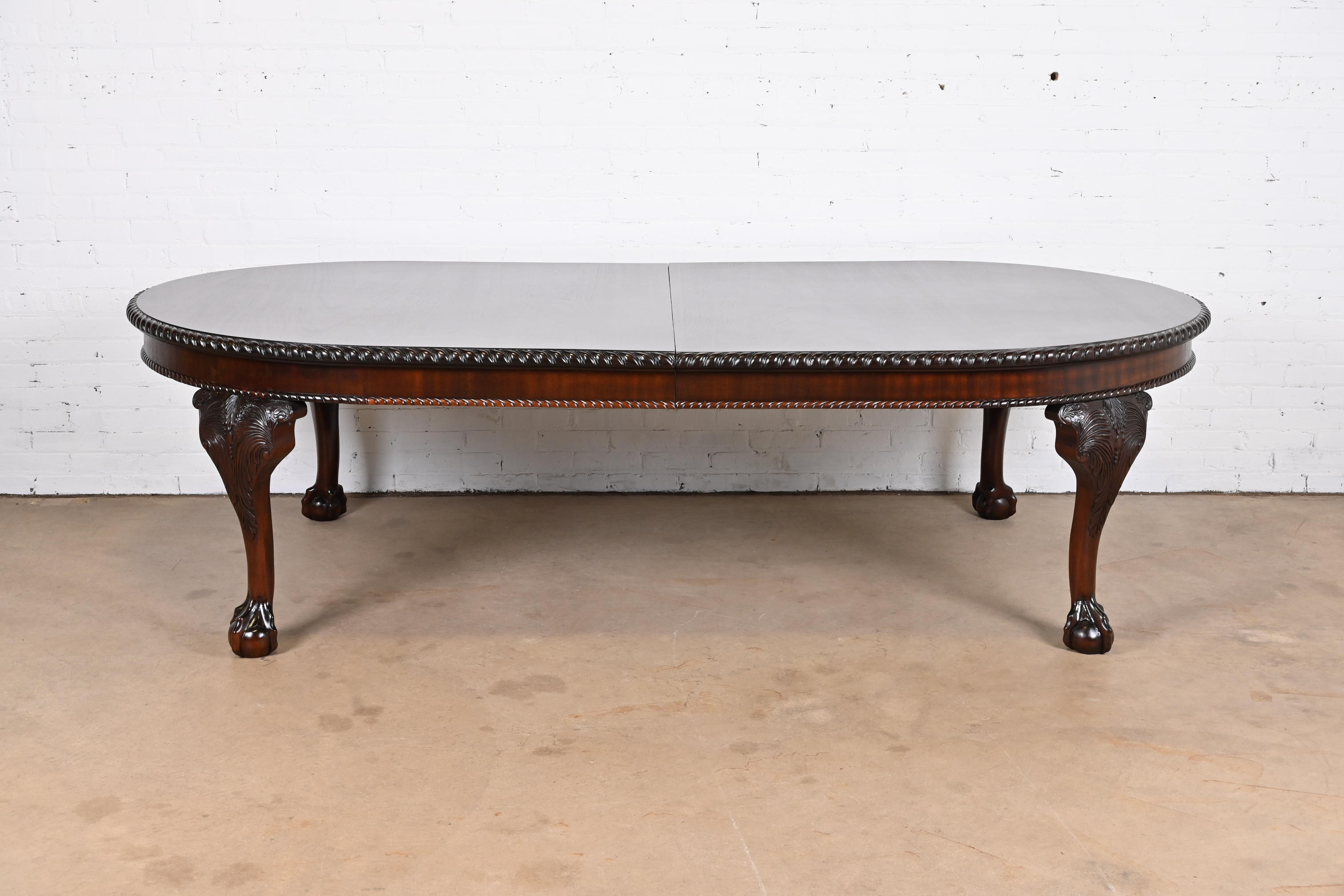 Maitland Smith Monumental English Chippendale Carved Mahogany Extension Dining Table, Newly Refinished