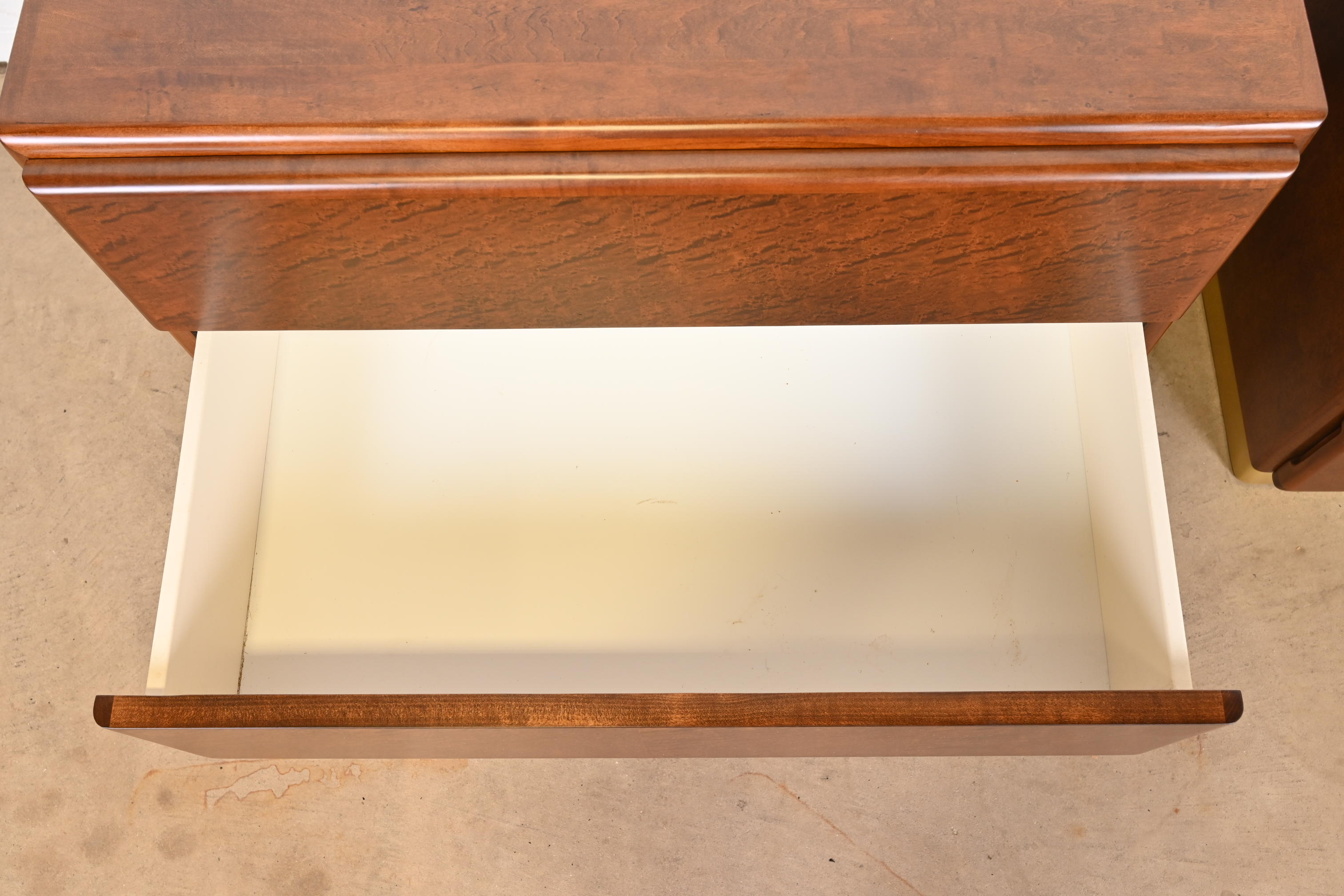 Milo Baughman for Thayer Coggin Birdseye Maple and Brass Bedside Chests, Newly Refinished - Image 8