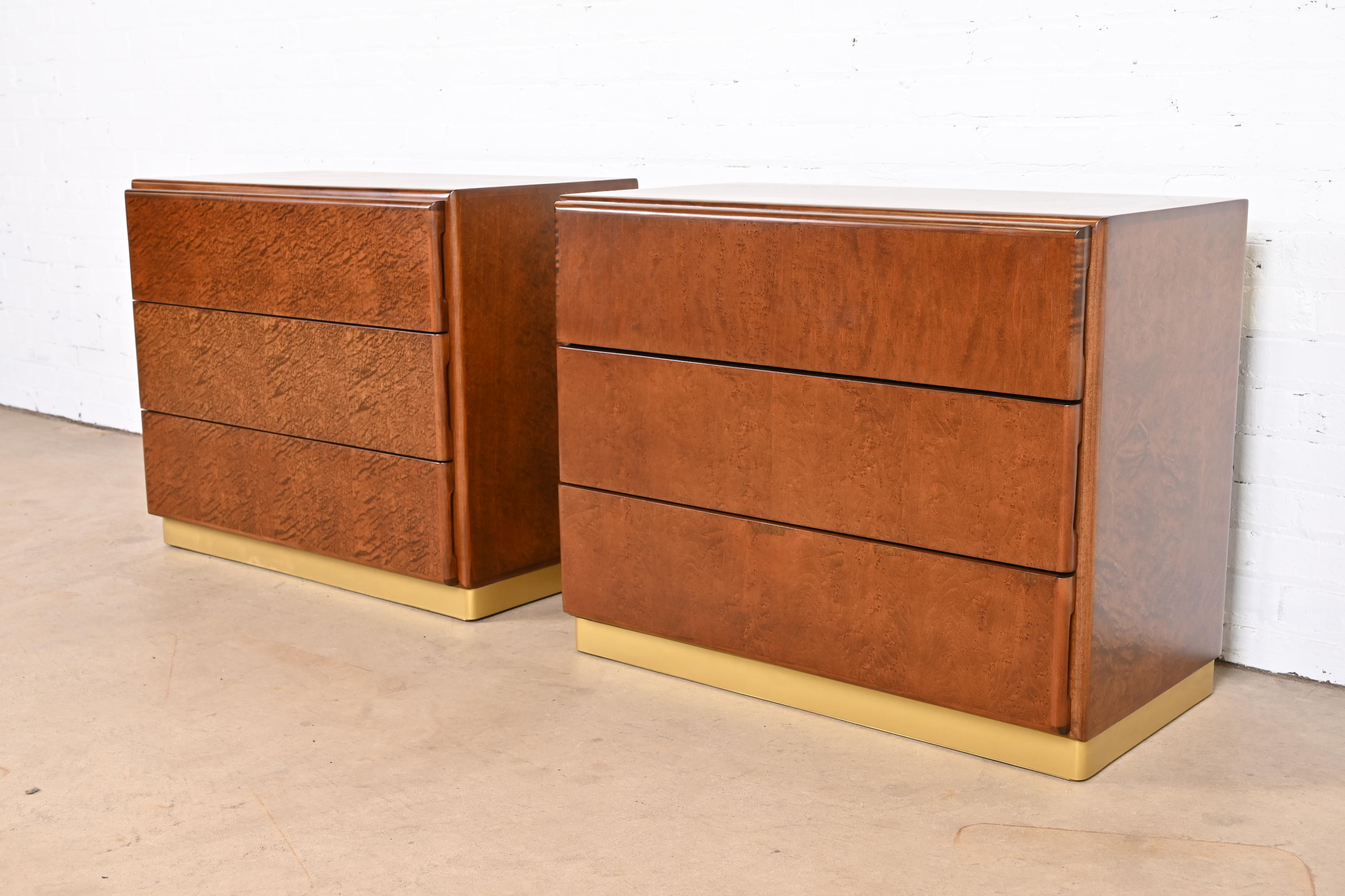 Milo Baughman for Thayer Coggin Birdseye Maple and Brass Bedside Chests, Newly Refinished - Image 5