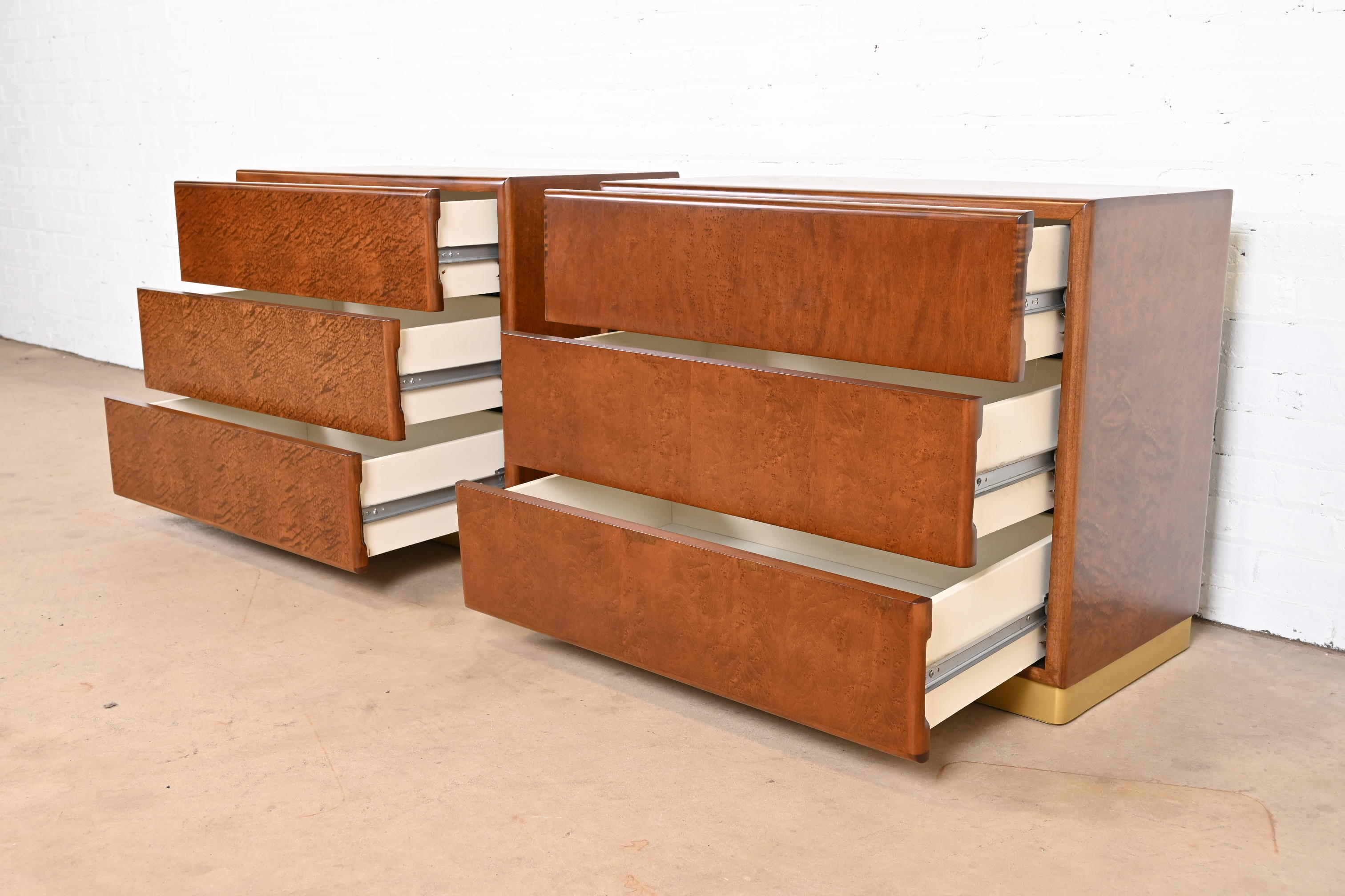 Milo Baughman for Thayer Coggin Birdseye Maple and Brass Bedside Chests, Newly Refinished - Image 6