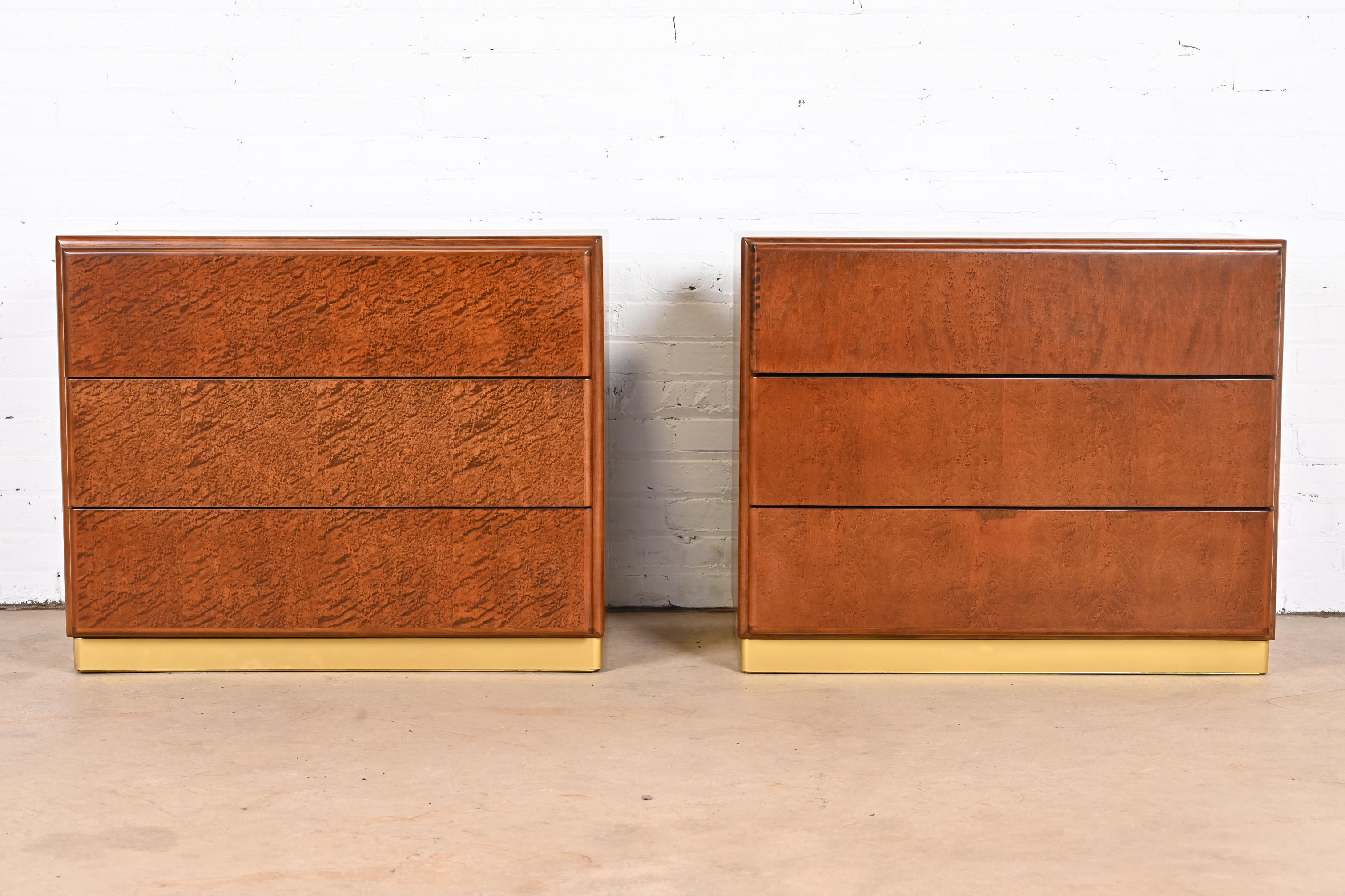 Milo Baughman for Thayer Coggin Birdseye Maple and Brass Bedside Chests, Newly Refinished - Image 3