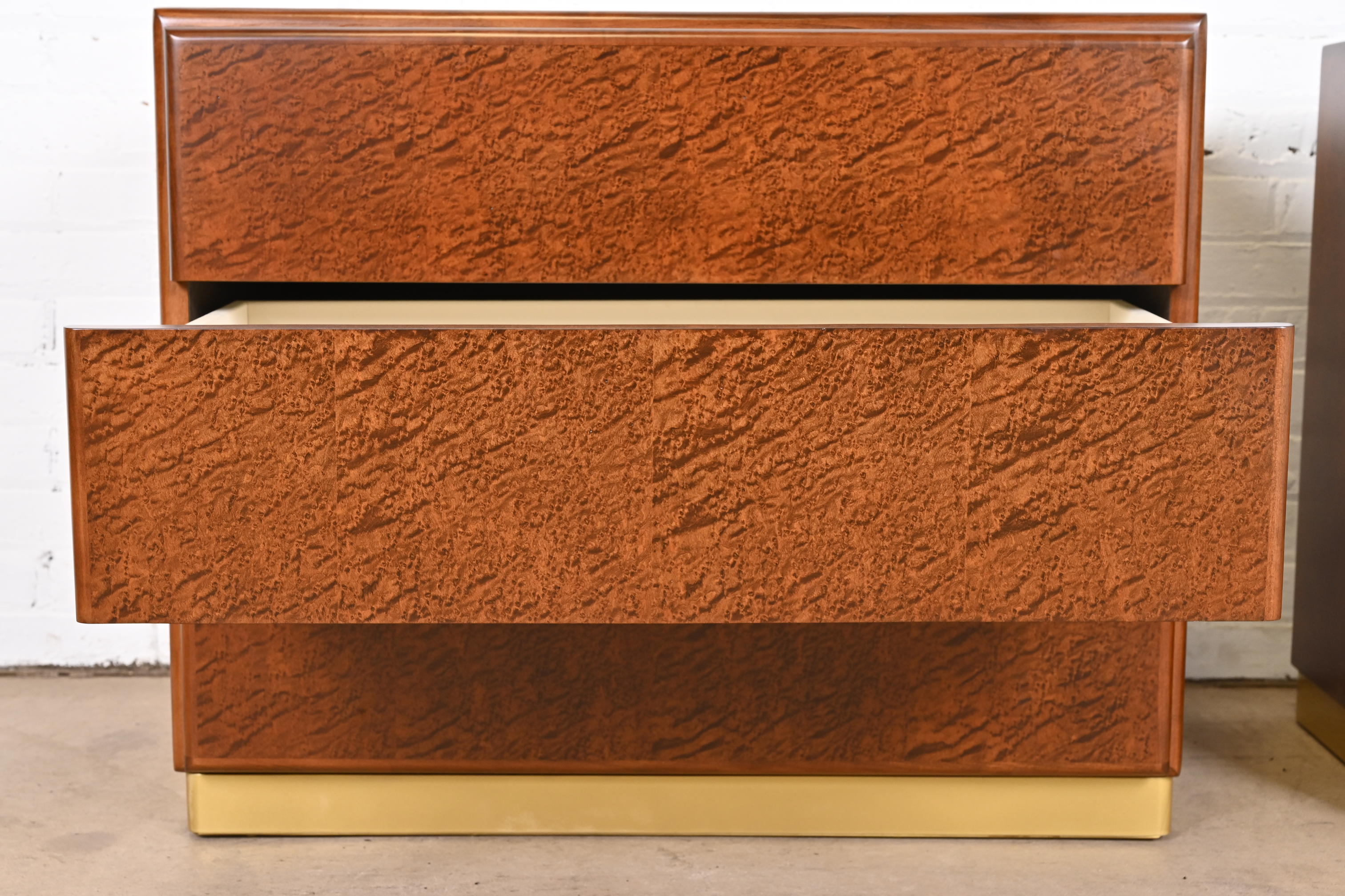 Milo Baughman for Thayer Coggin Birdseye Maple and Brass Bedside Chests, Newly Refinished - Image 7