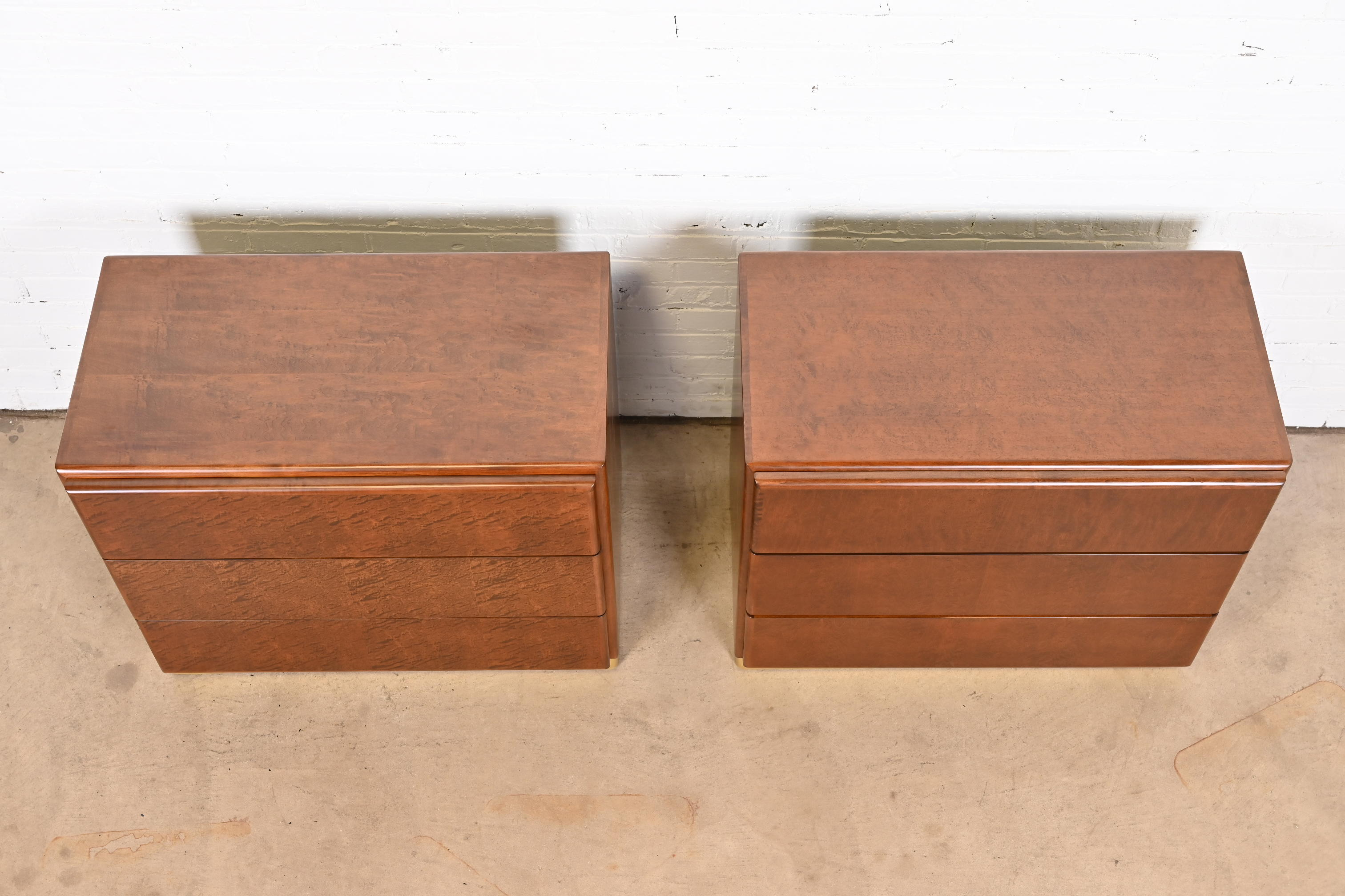 Milo Baughman for Thayer Coggin Birdseye Maple and Brass Bedside Chests, Newly Refinished - Image 10