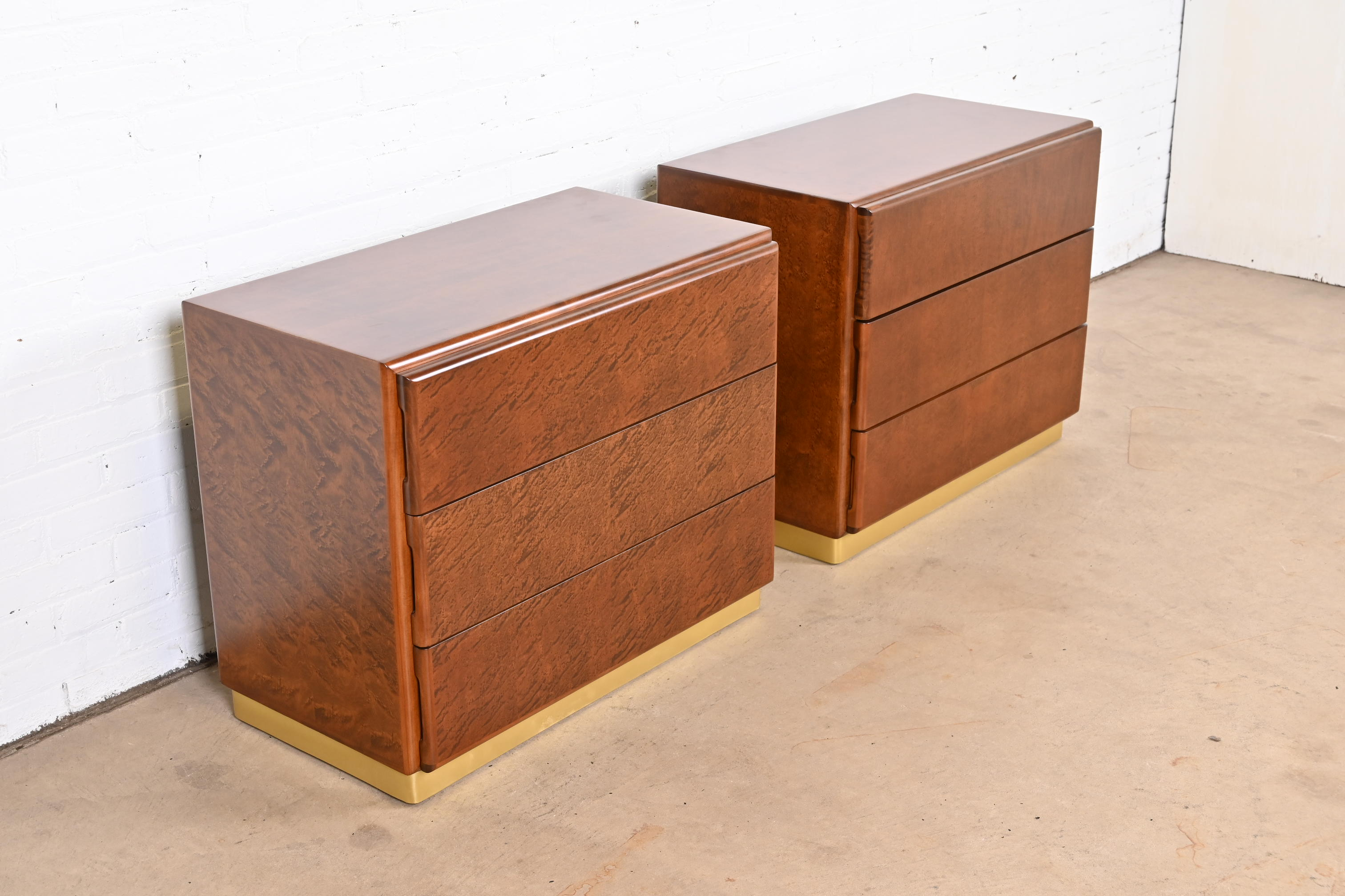 Milo Baughman for Thayer Coggin Birdseye Maple and Brass Bedside Chests, Newly Refinished - Image 2