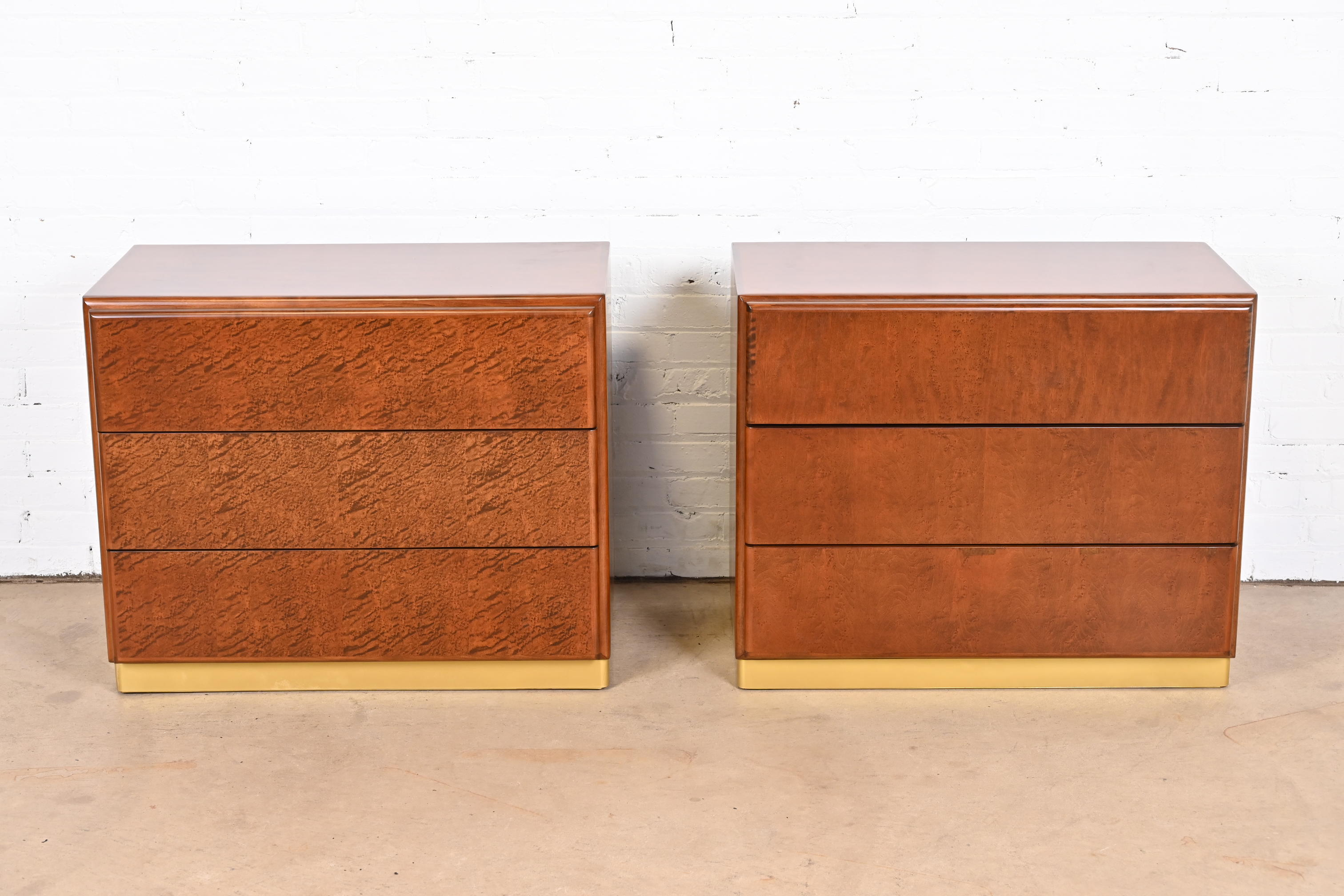 Milo Baughman for Thayer Coggin Birdseye Maple and Brass Bedside Chests, Newly Refinished - Image 4