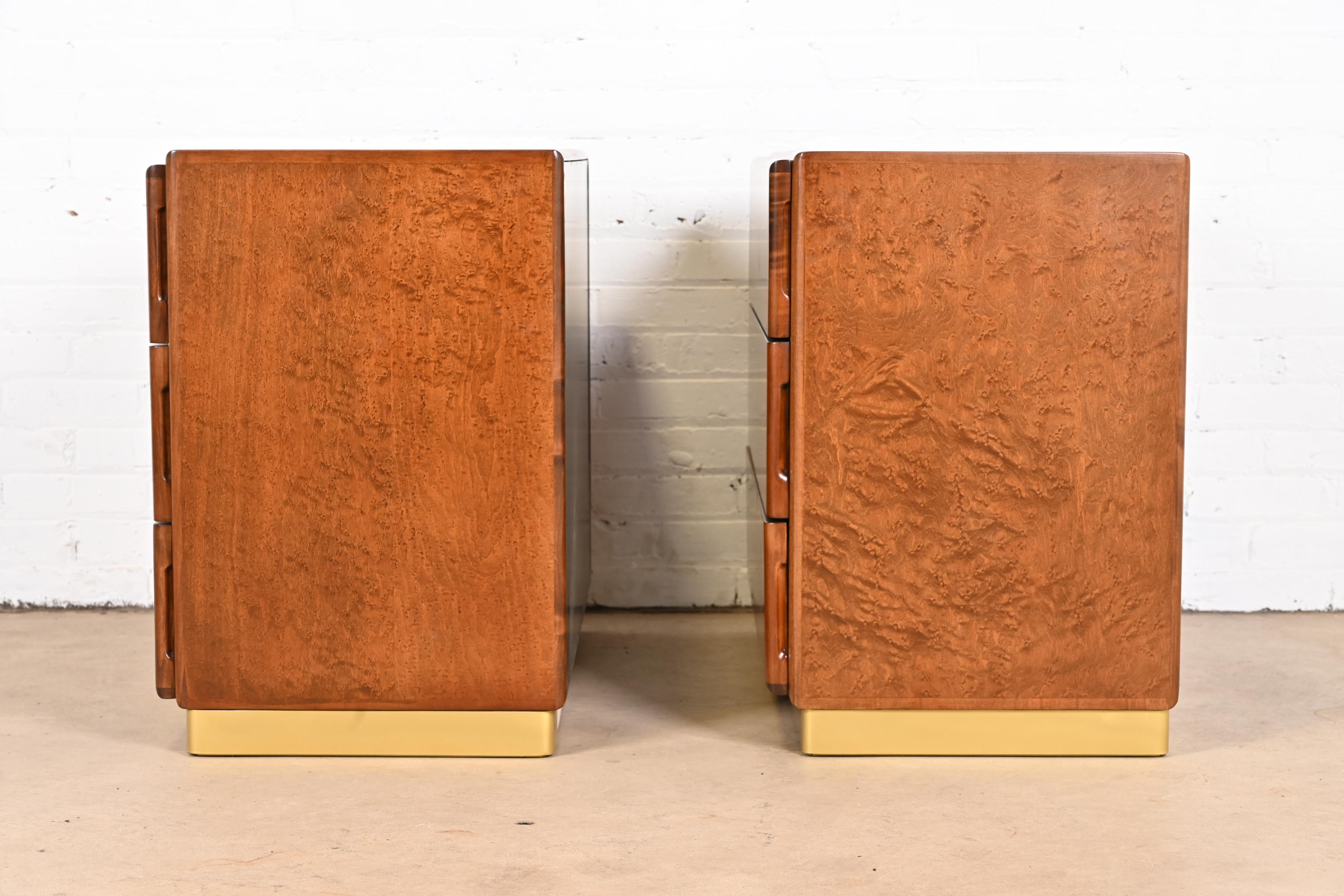 Milo Baughman for Thayer Coggin Birdseye Maple and Brass Bedside Chests, Newly Refinished - Image 11