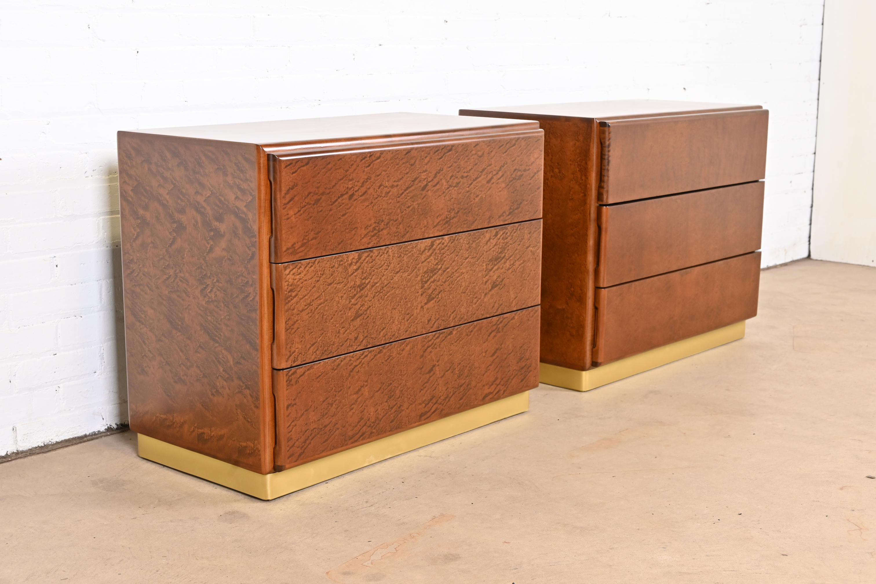 Milo Baughman for Thayer Coggin Birdseye Maple and Brass Bedside Chests, Newly Refinished