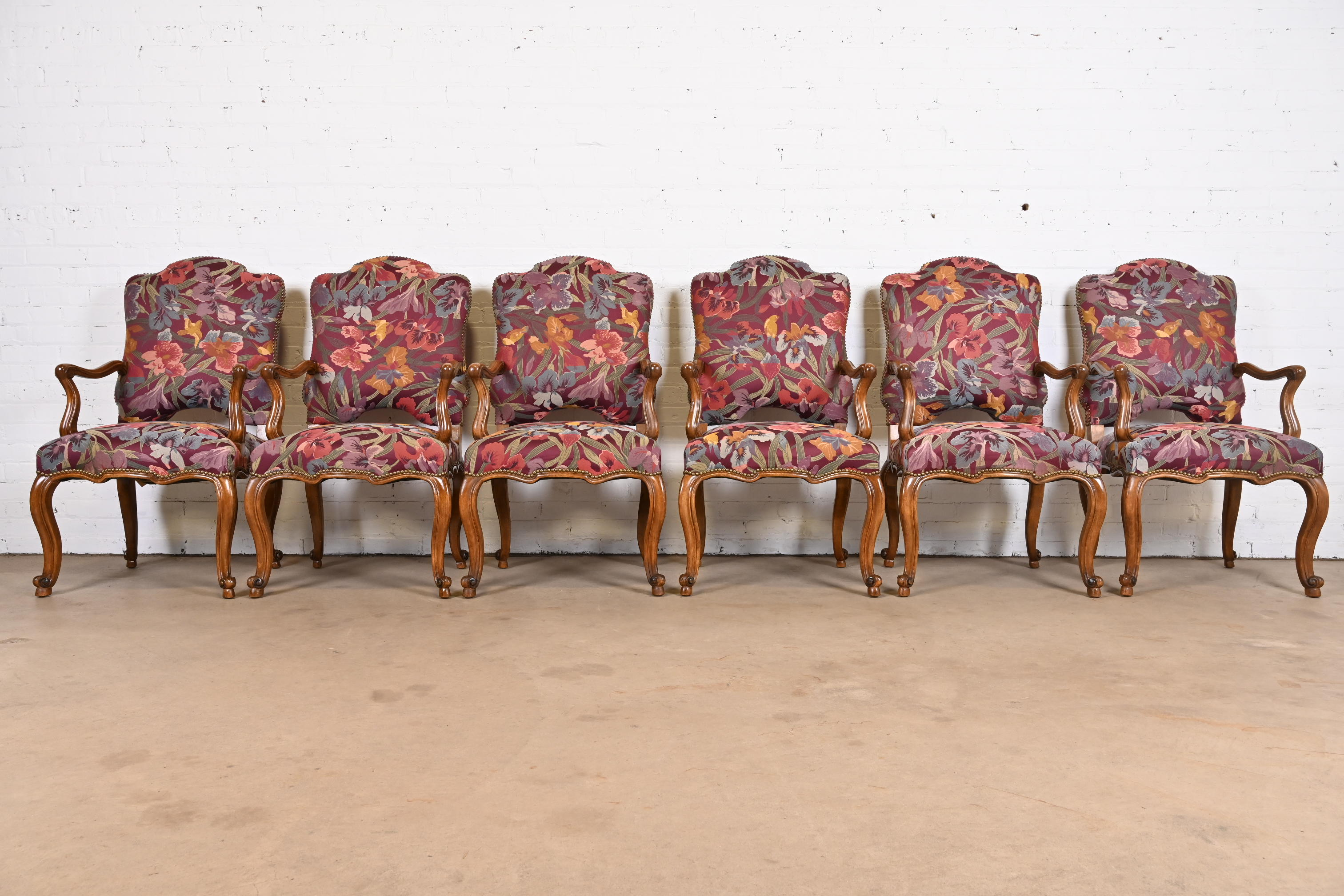Minton Spidell French Louis XV Style Walnut Dining Arm Chairs, Set of Six - Image 2