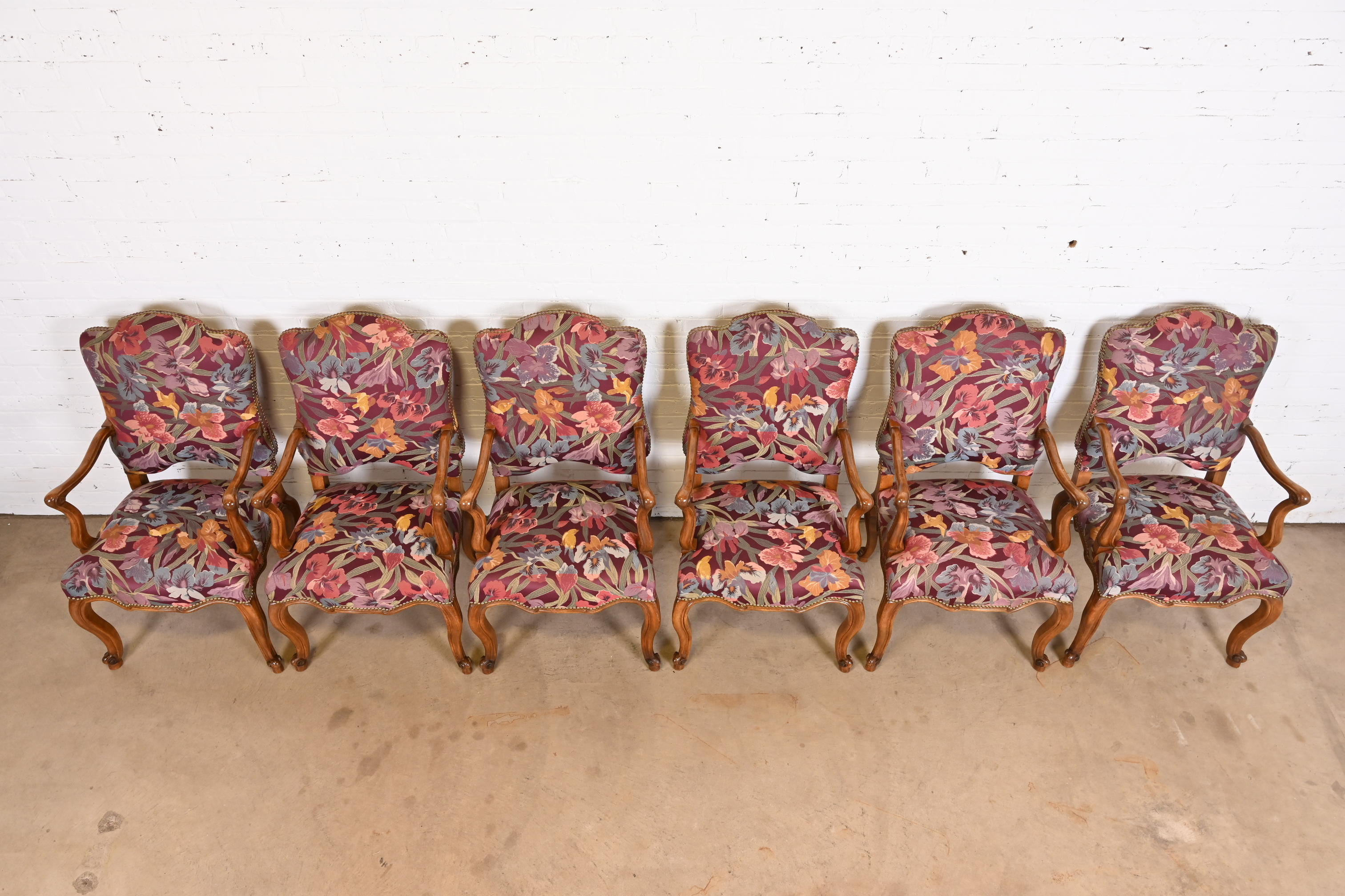 Minton Spidell French Louis XV Style Walnut Dining Arm Chairs, Set of Six - Image 4