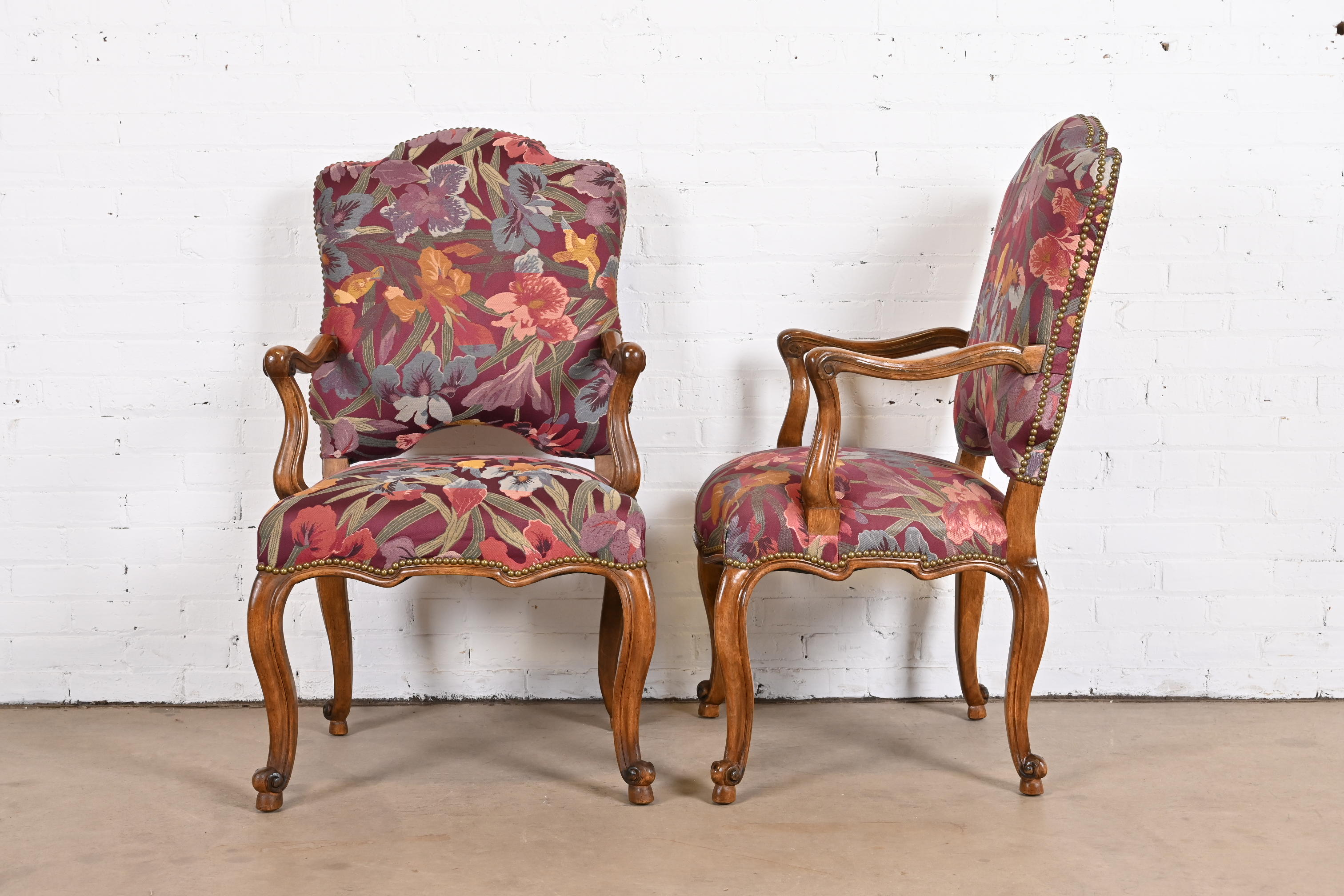 Minton Spidell French Louis XV Style Walnut Dining Arm Chairs, Set of Six - Image 5