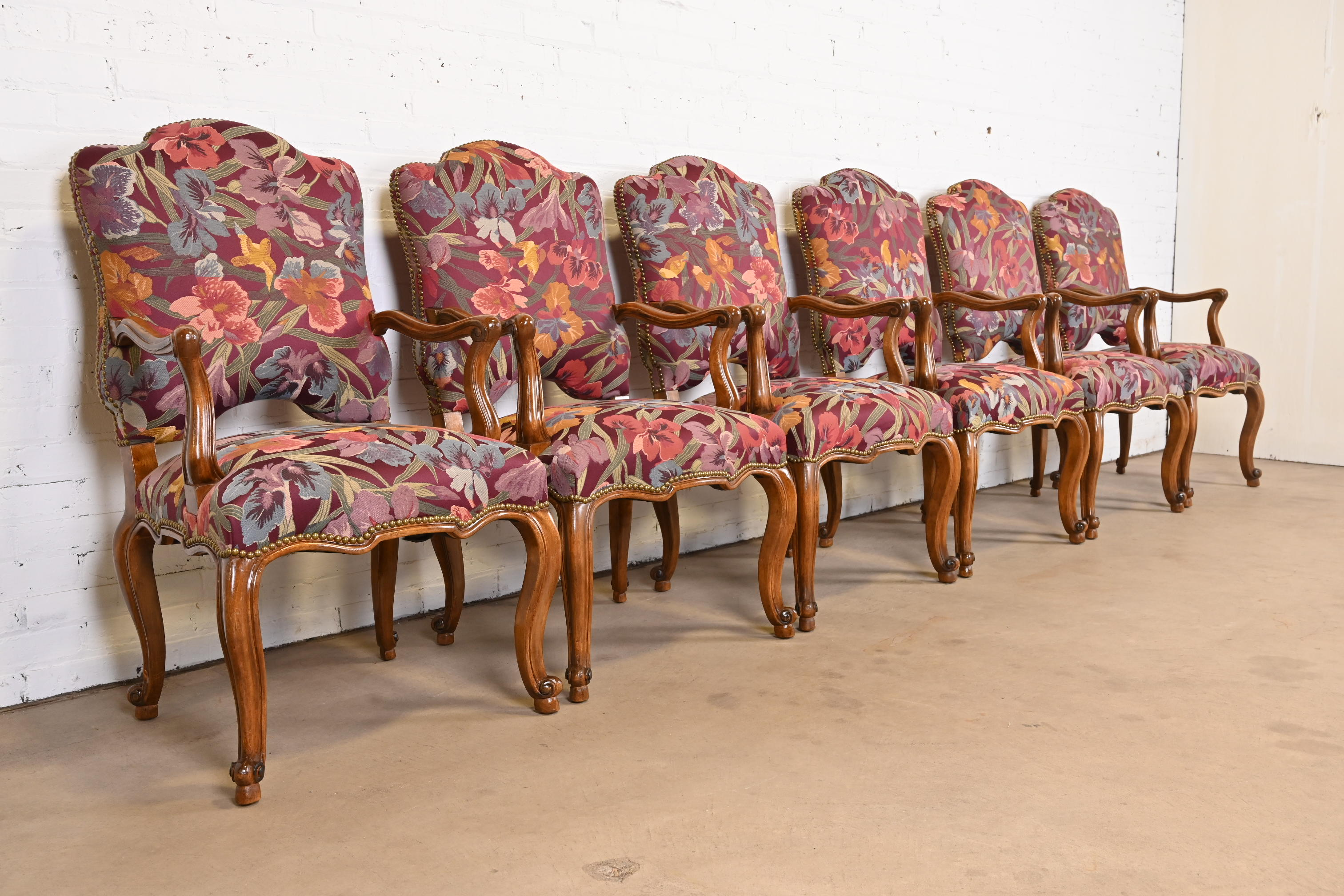 Minton Spidell French Louis XV Style Walnut Dining Arm Chairs, Set of Six - Image 3