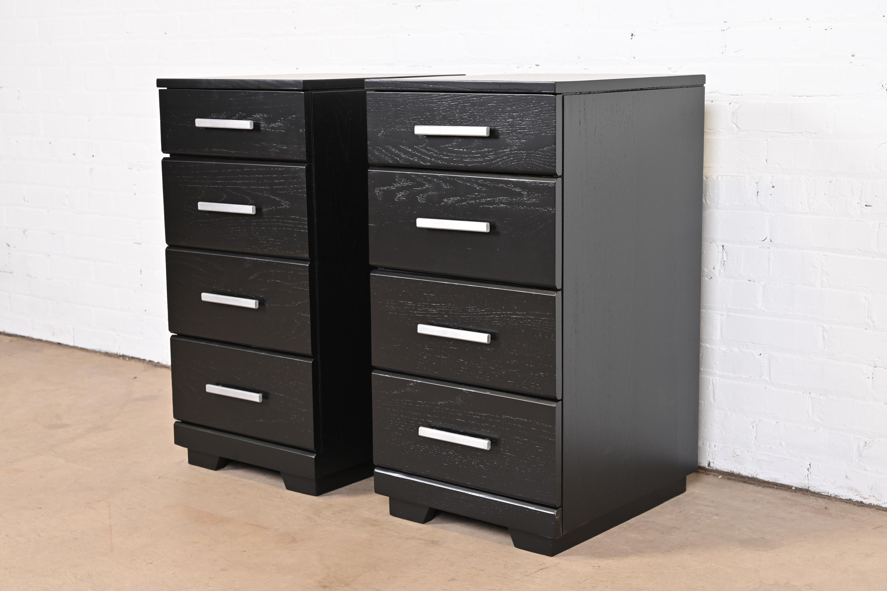 Raymond Loewy for Mengel Mid-Century Modern Black Lacquered Bedside Chests, Newly Refinished