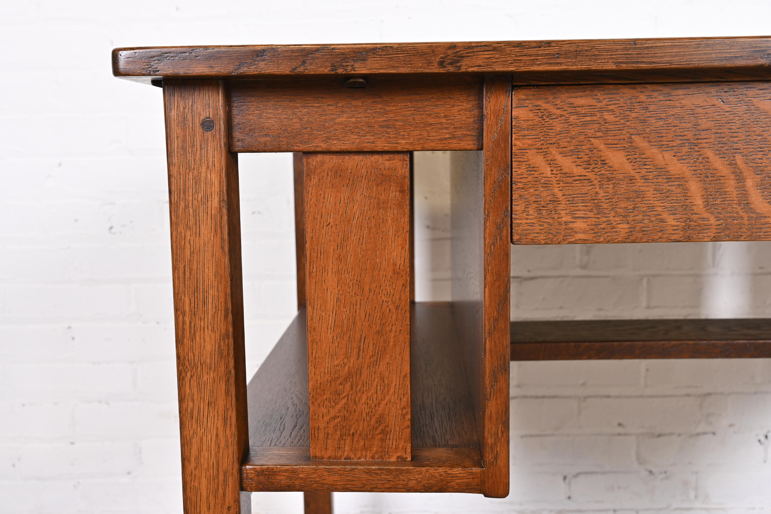 Antique Stickley Mission Oak Arts & Crafts Desk With Built-In Bookcases, Newly Restored - Image 12