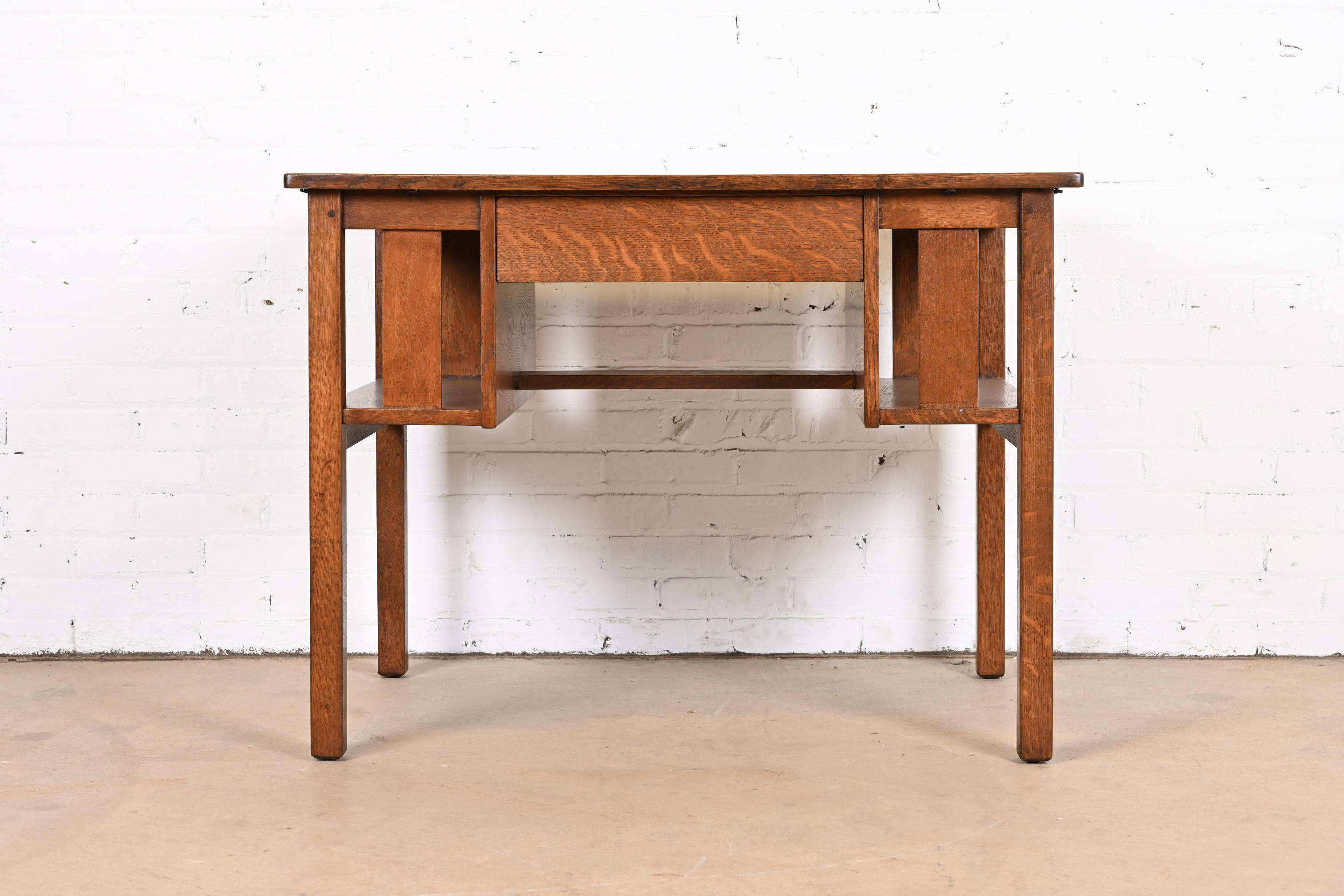 Antique Stickley Mission Oak Arts & Crafts Desk With Built-In Bookcases, Newly Restored - Image 11