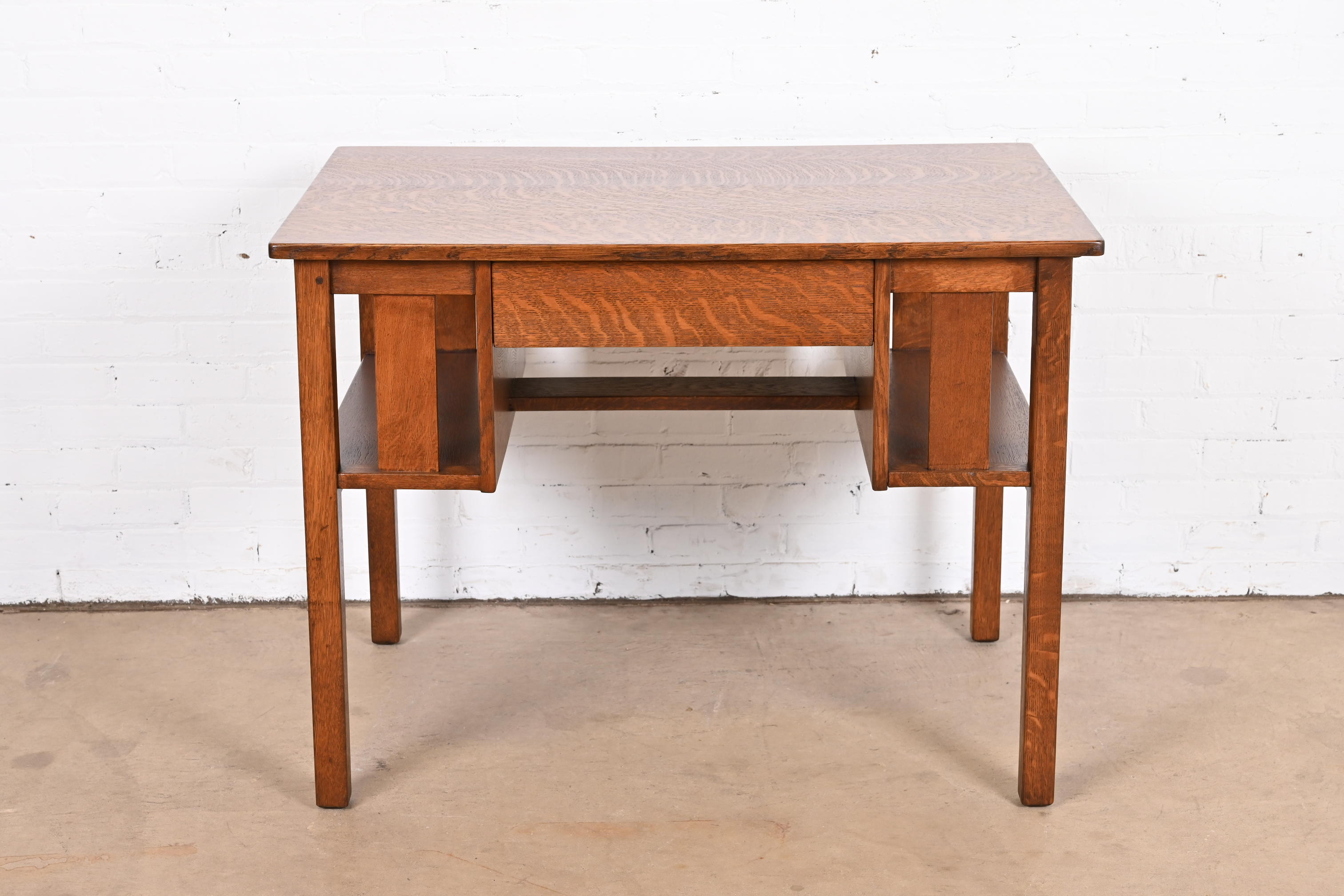 Antique Stickley Mission Oak Arts & Crafts Desk With Built-In Bookcases, Newly Restored - Image 4