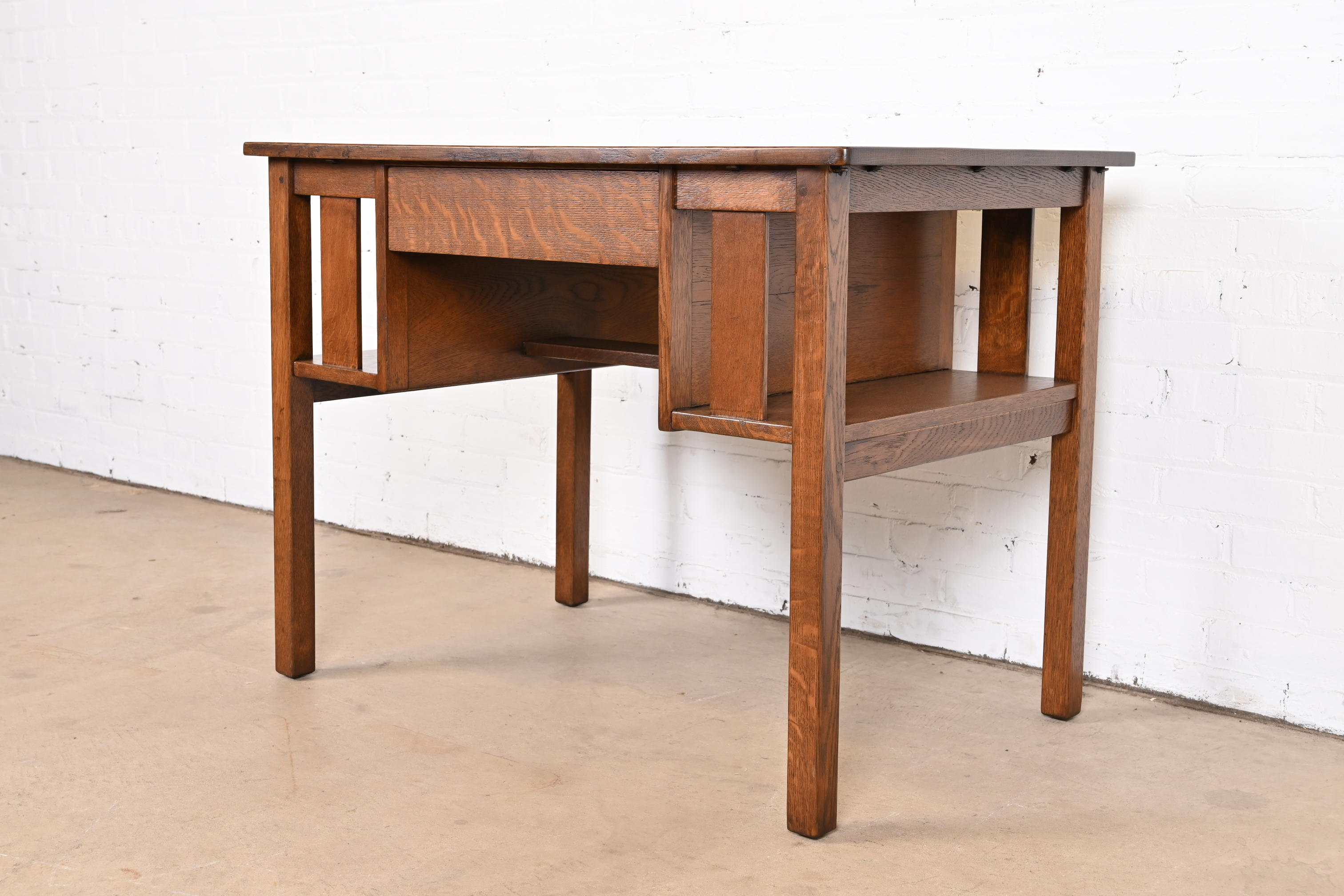 Antique Stickley Mission Oak Arts & Crafts Desk With Built-In Bookcases, Newly Restored