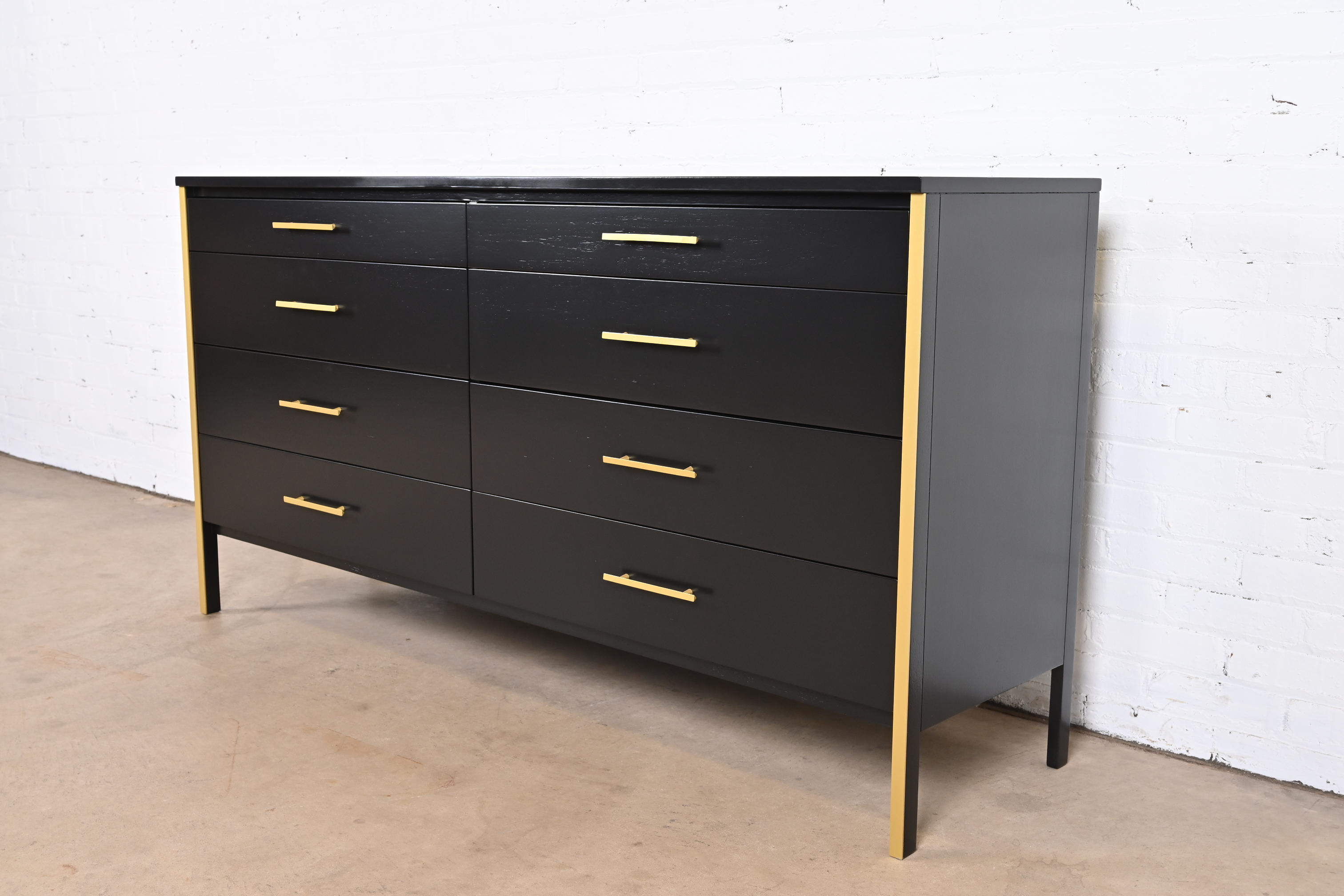 Paul McCobb Black Lacquer and Brass Dresser or Credenza, Newly Refinished