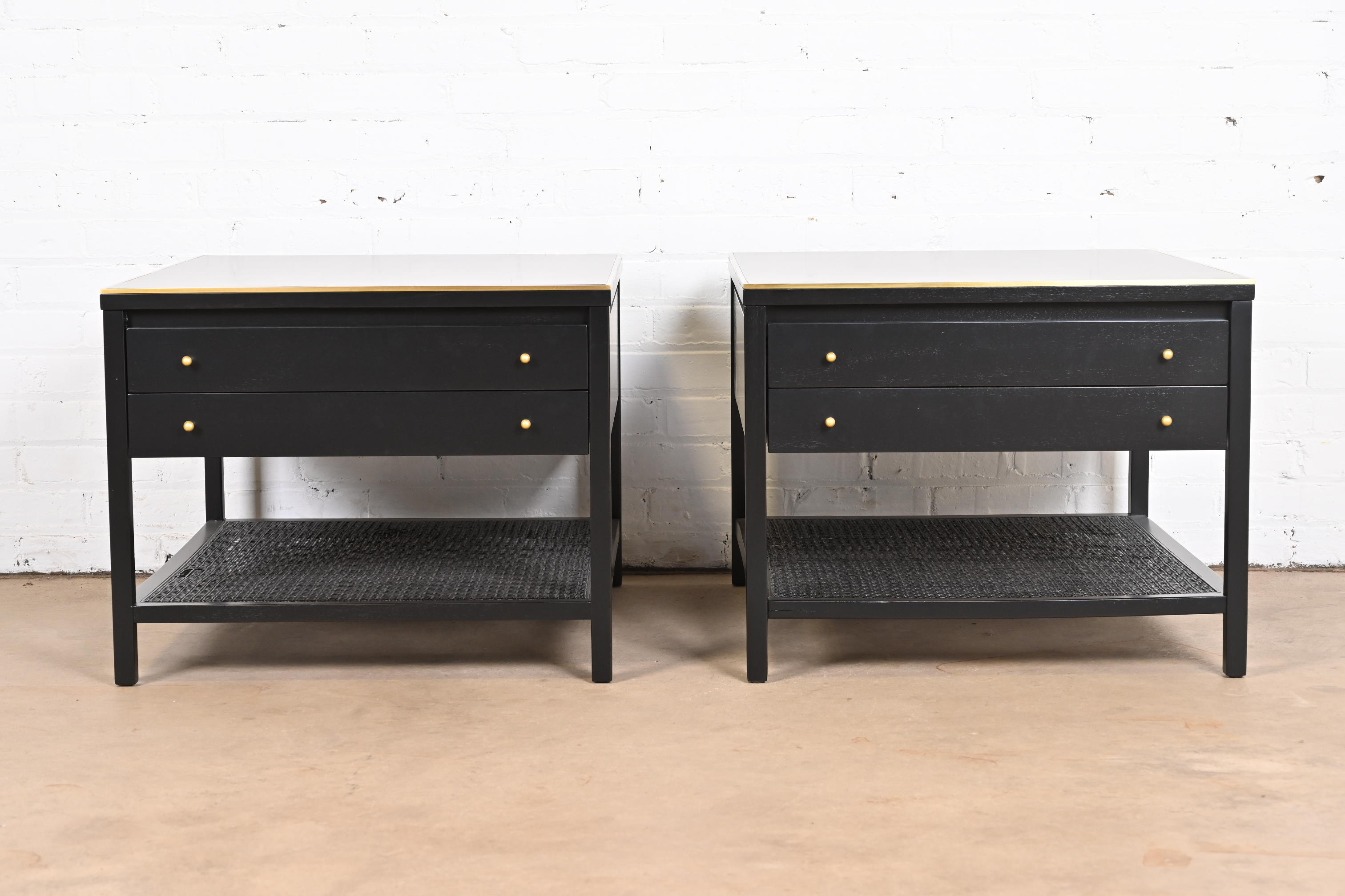 Paul McCobb Irwin Collection Black Lacquer and Brass End Tables or Nightstands, Newly Refinished