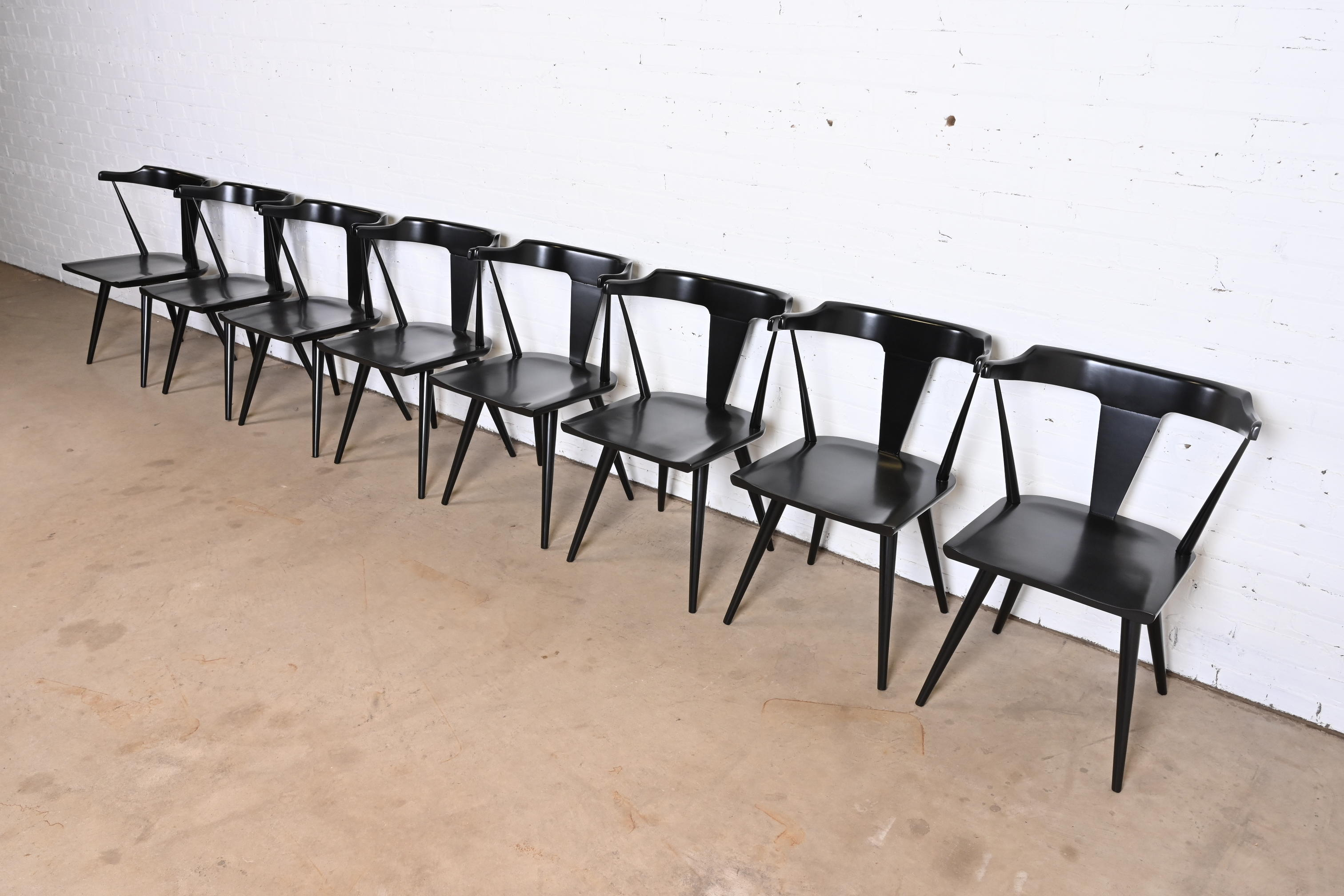 Paul McCobb Planner Group Black Lacquered T-Back Dining Chairs, Set of Eight