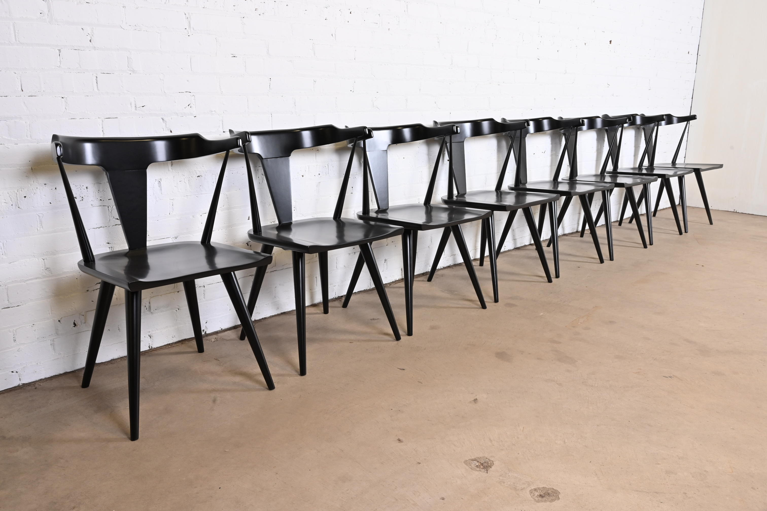 Paul McCobb Planner Group Black Lacquered T-Back Dining Chairs, Set of Eight - Image 6