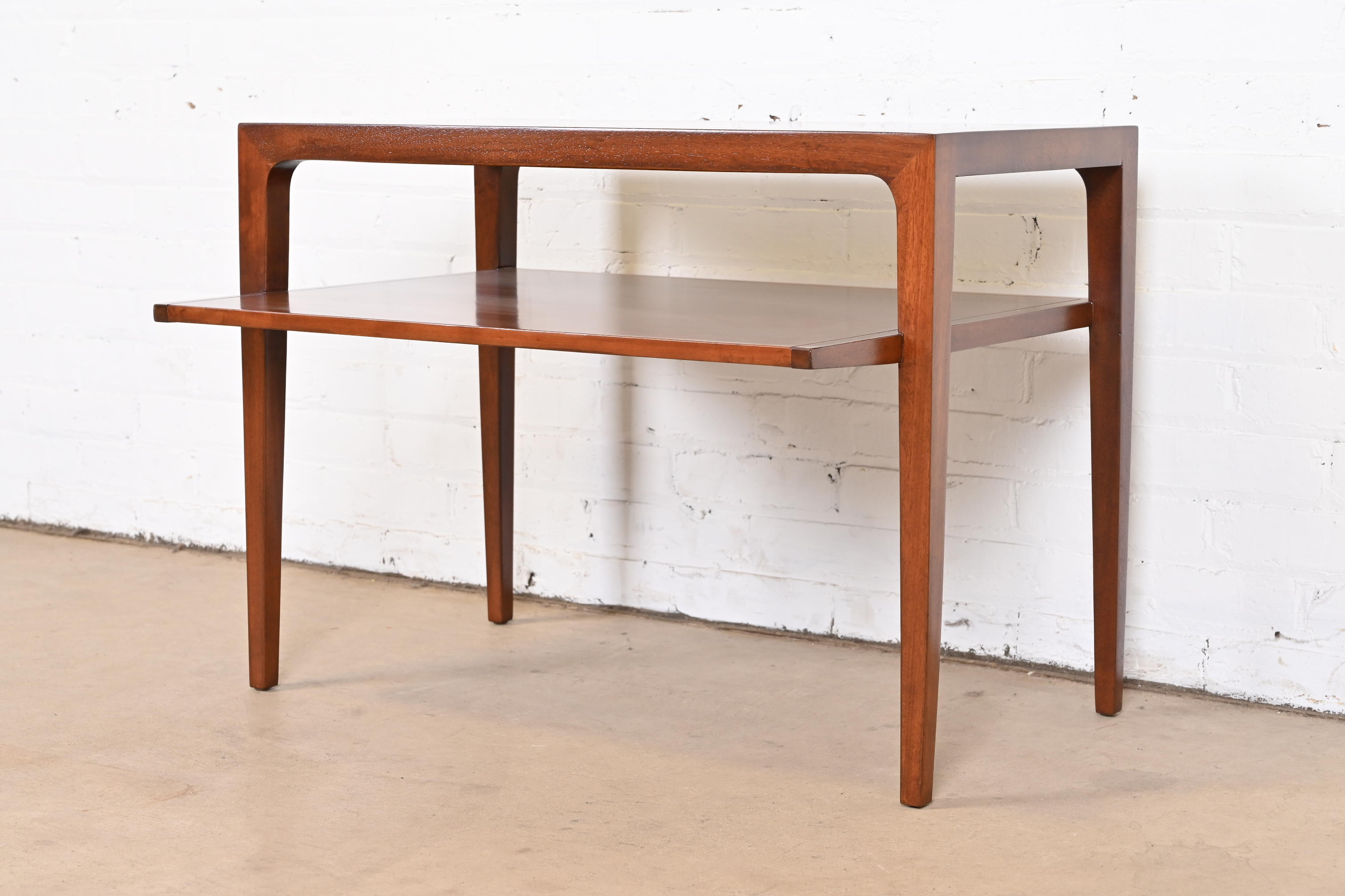 John Van Koert for Drexel Sculpted Cherry Wood Two-Tier Side Table, Newly Refinished - Image 2