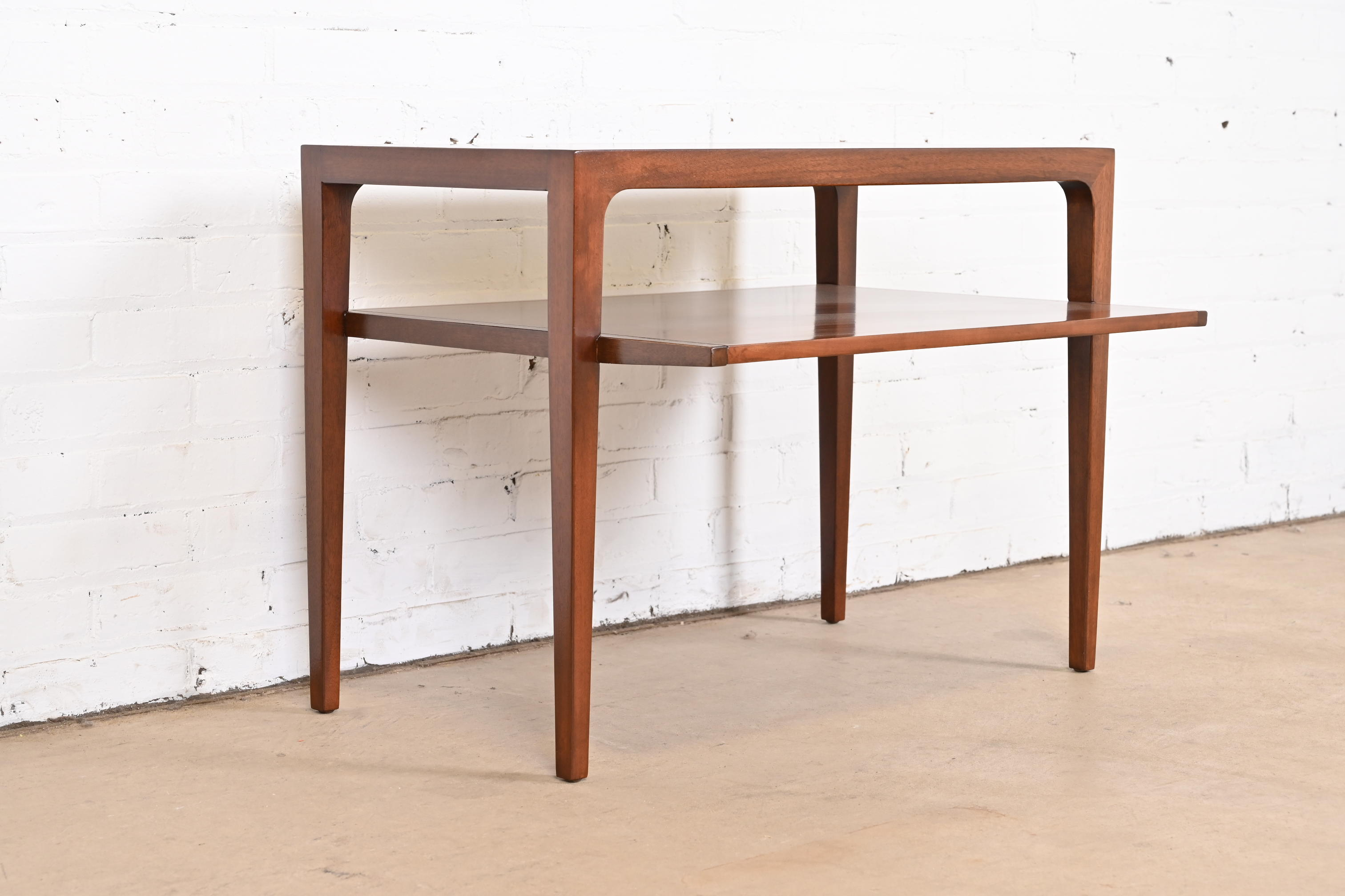 John Van Koert for Drexel Sculpted Cherry Wood Two-Tier Side Table, Newly Refinished - Image 4