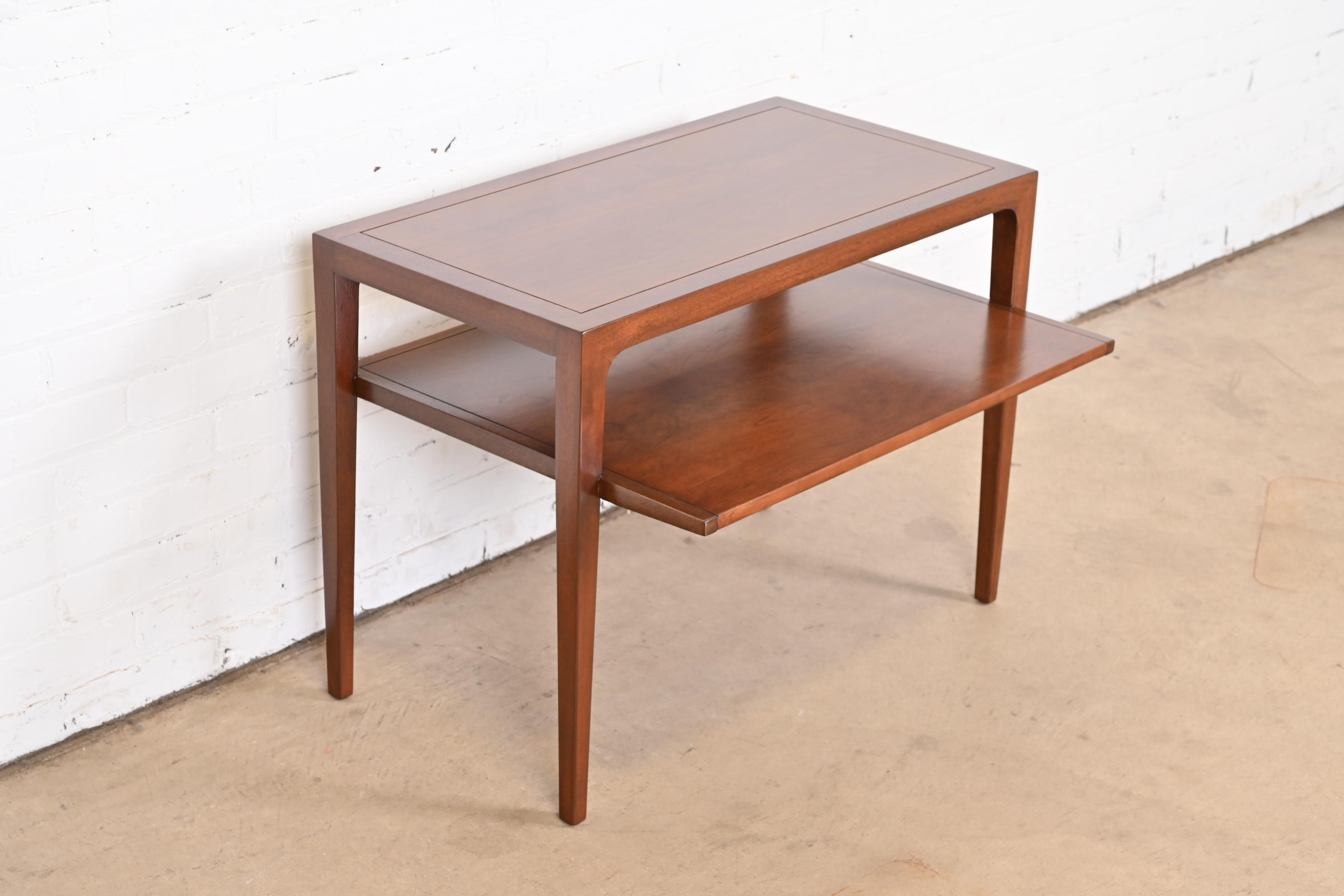 John Van Koert for Drexel Sculpted Cherry Wood Two-Tier Side Table, Newly Refinished - Image 3