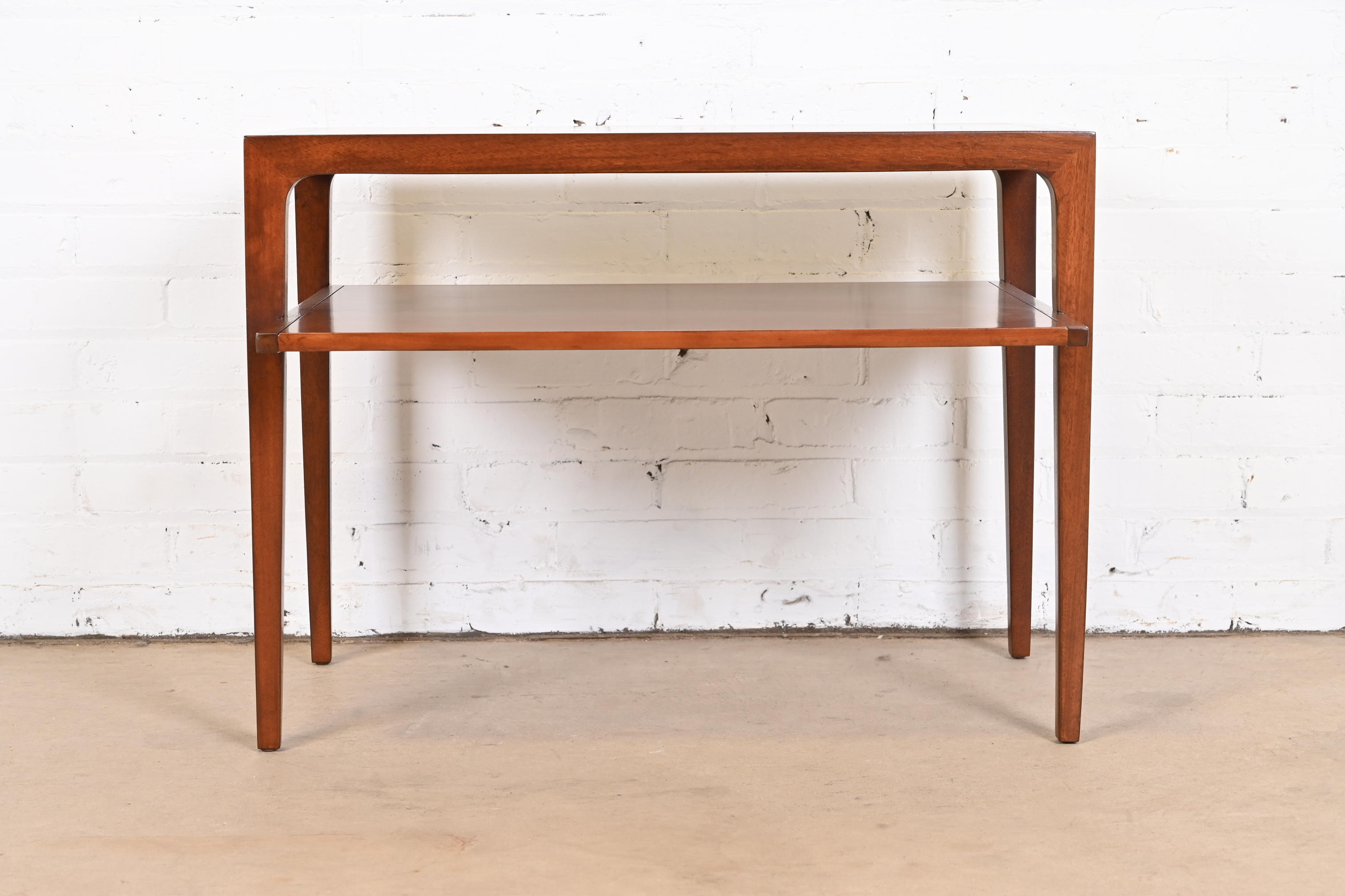 John Van Koert for Drexel Sculpted Cherry Wood Two-Tier Side Table, Newly Refinished - Image 6