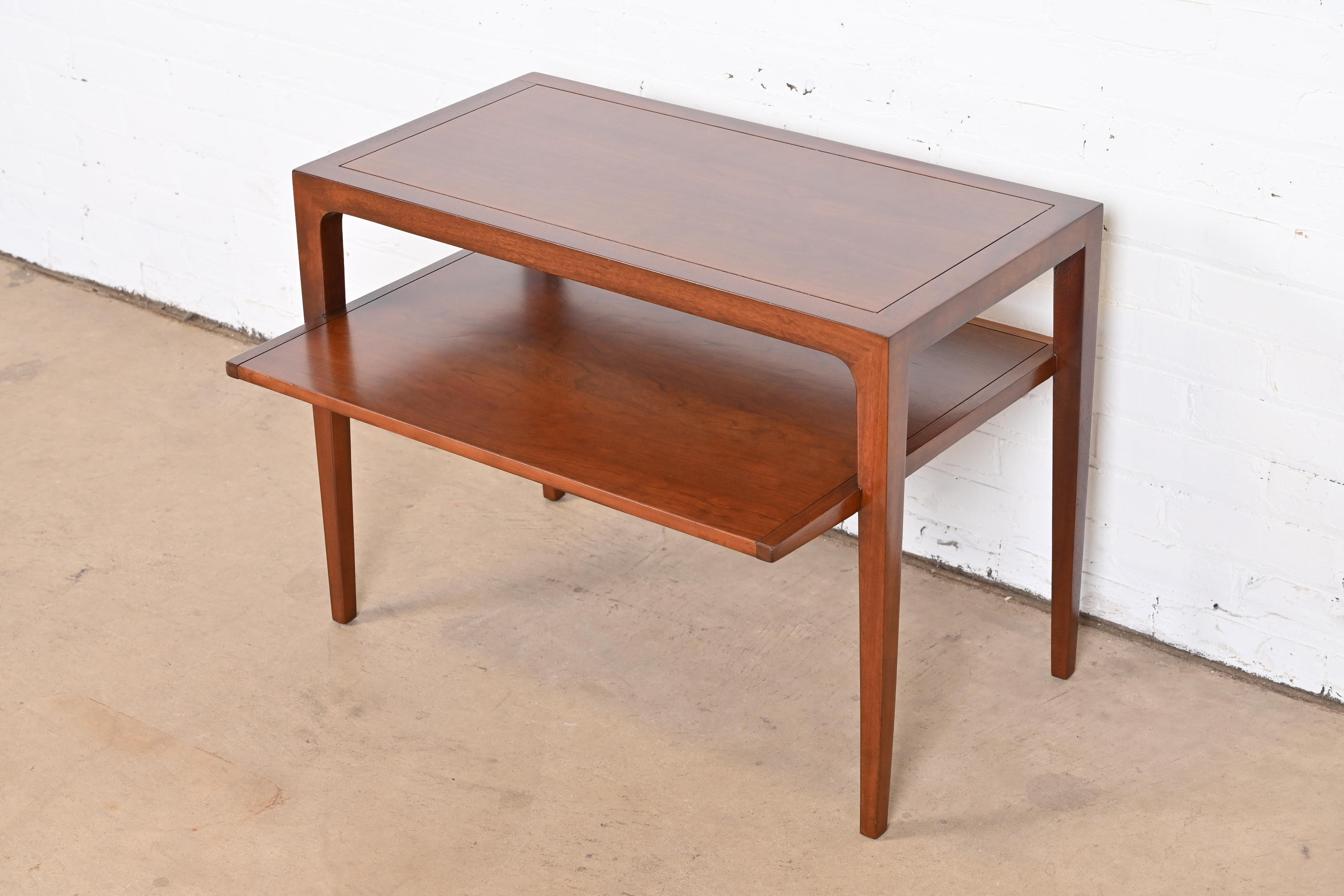 John Van Koert for Drexel Sculpted Cherry Wood Two-Tier Side Table, Newly Refinished